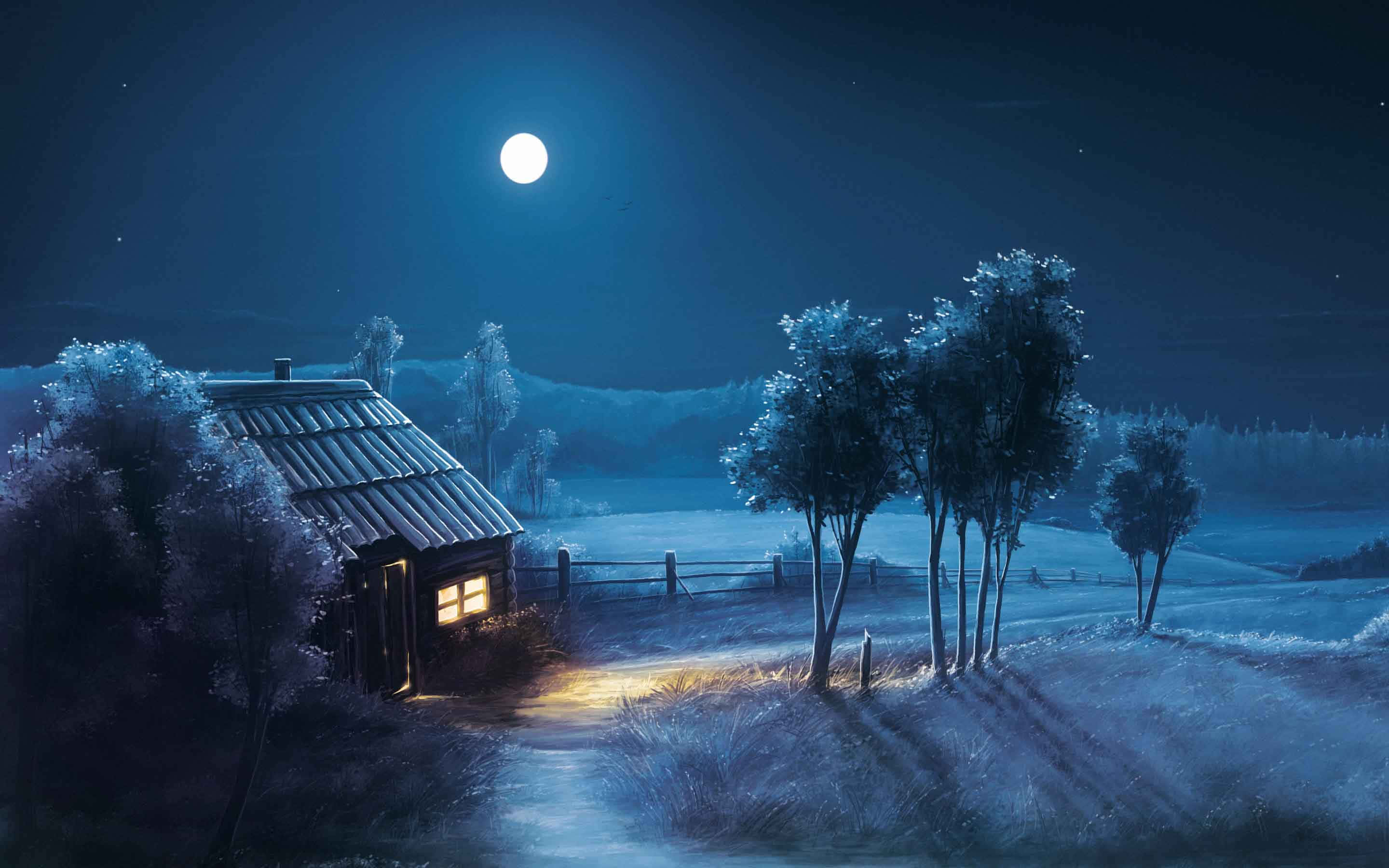 complimentary night sky, cabin, full moon, 2K Desktop Wallpaper