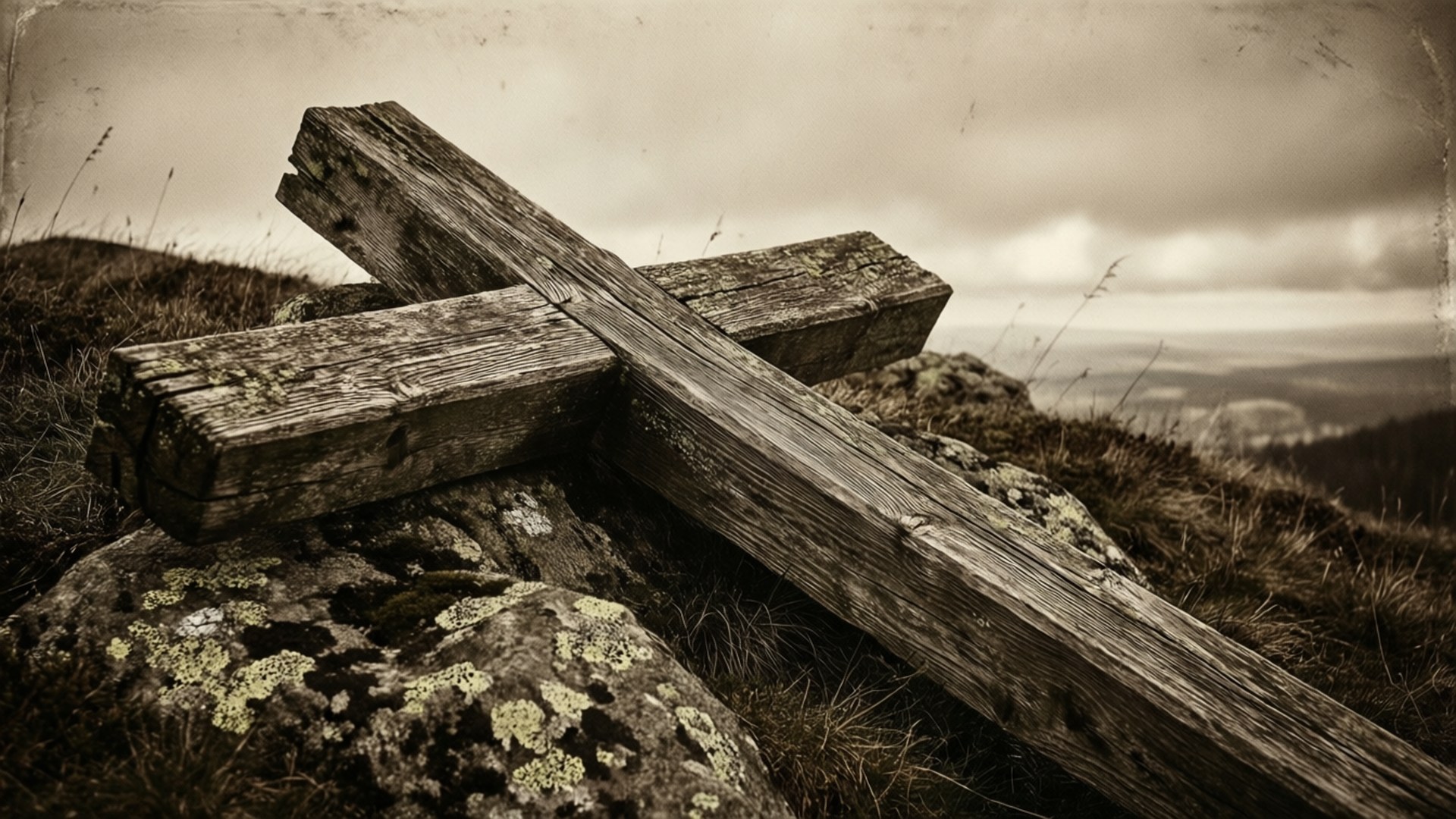 rugged cross, wooden cross, mossy rocks, Full HD Desktop Wallpaper