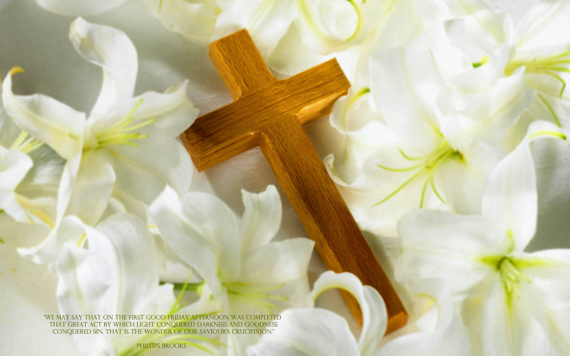 Good Friday, wooden cross, white lilies, Full HD Desktop Wallpaper