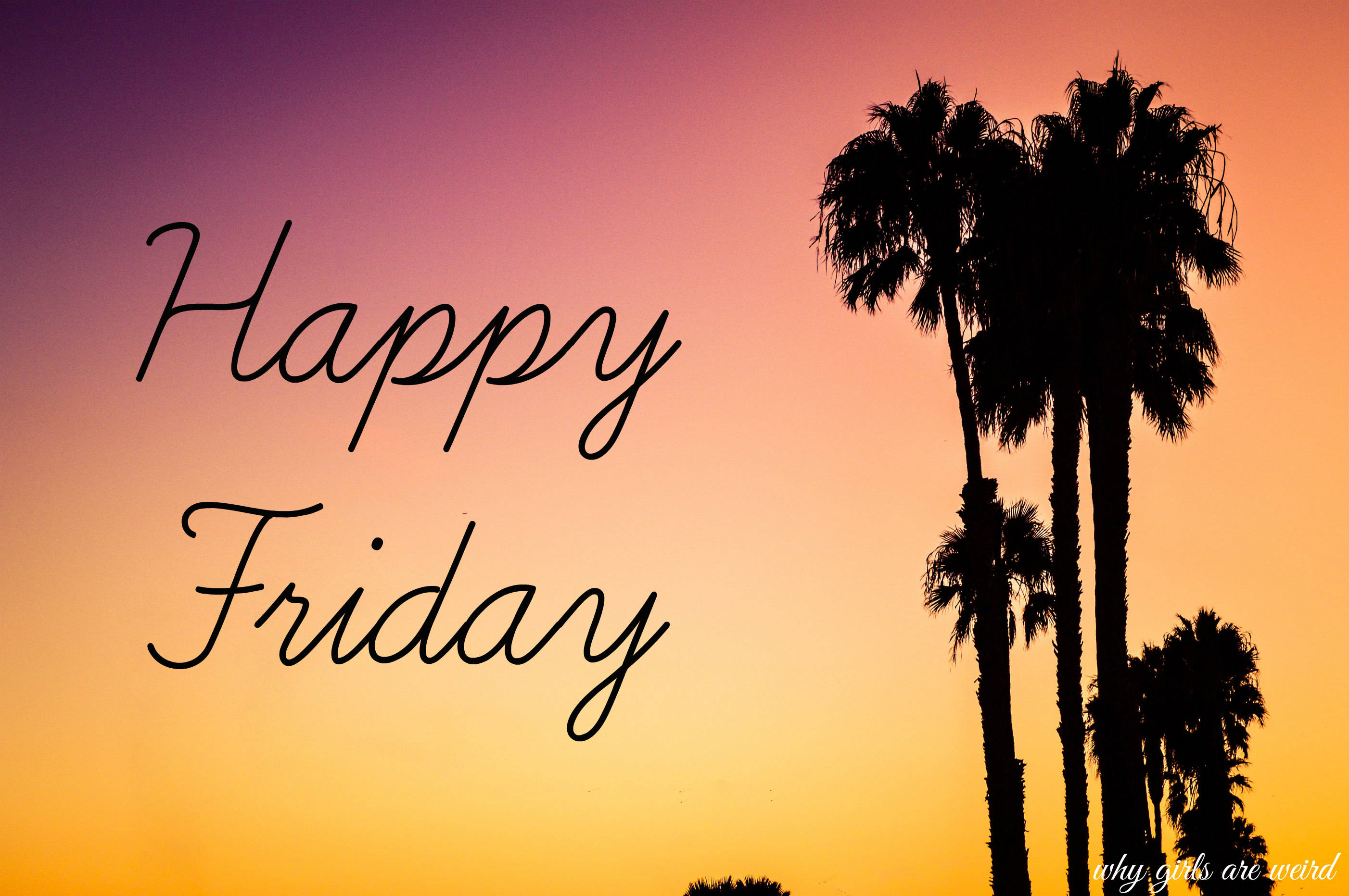 Happy Friday, palm trees, vibrant sunset sky, 2K Desktop Wallpaper