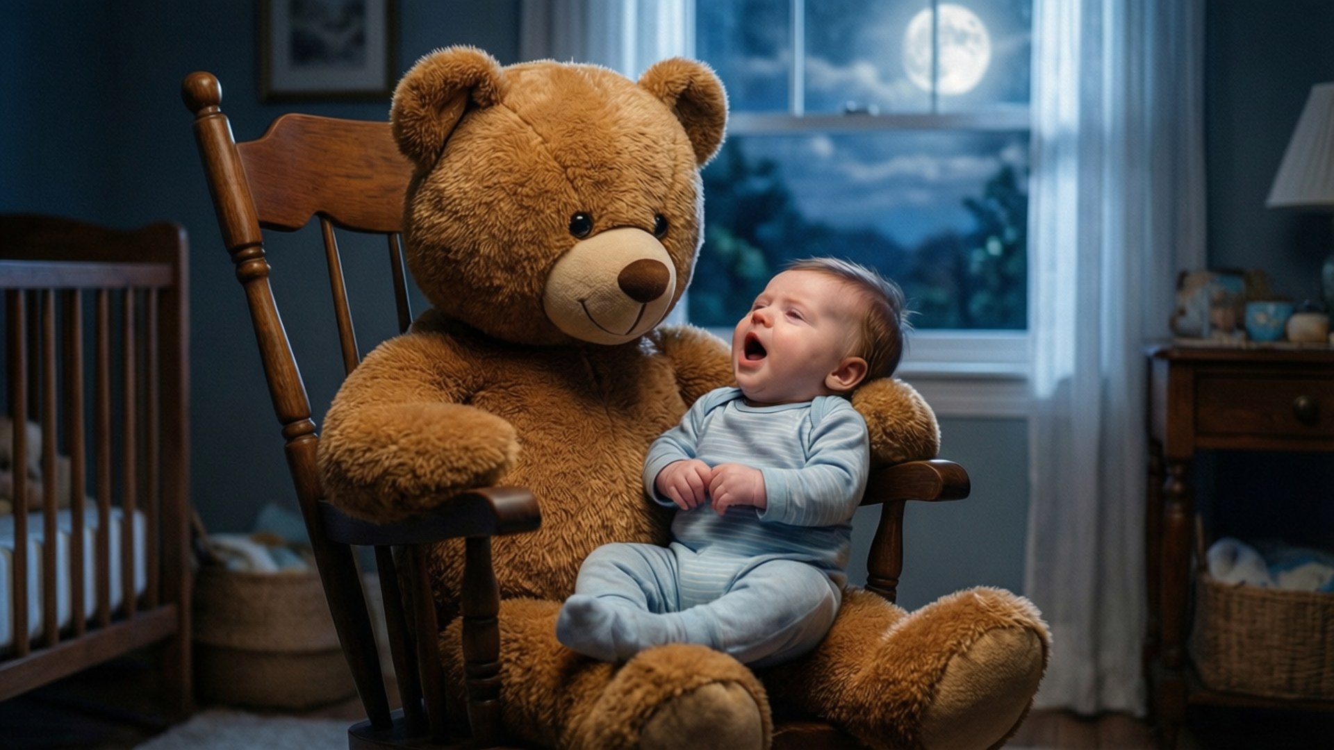 Charlie, blue pajamas, giant brown teddy bear, Full HD Desktop Wallpaper