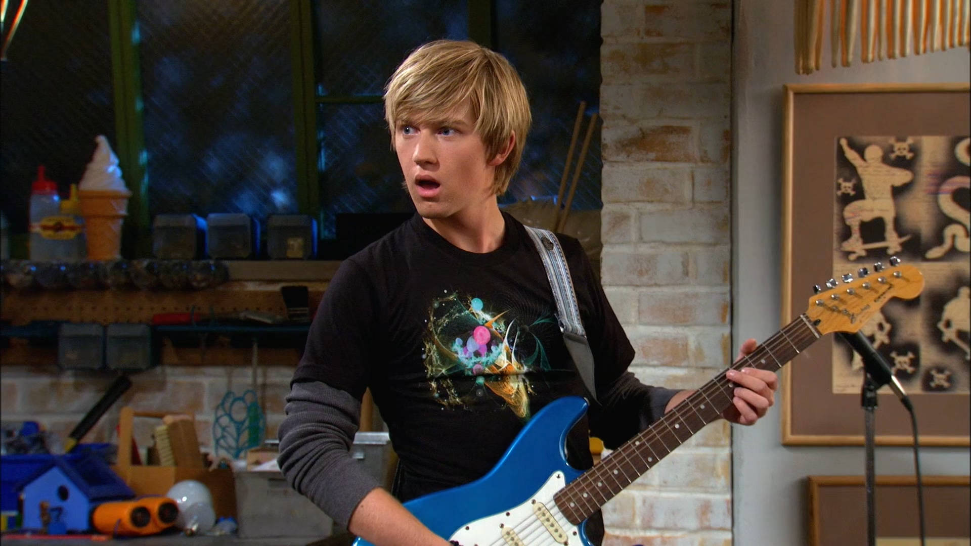 Good Luck Charlie, blue electric guitar, cluttered garage studio, Full HD Desktop Wallpaper