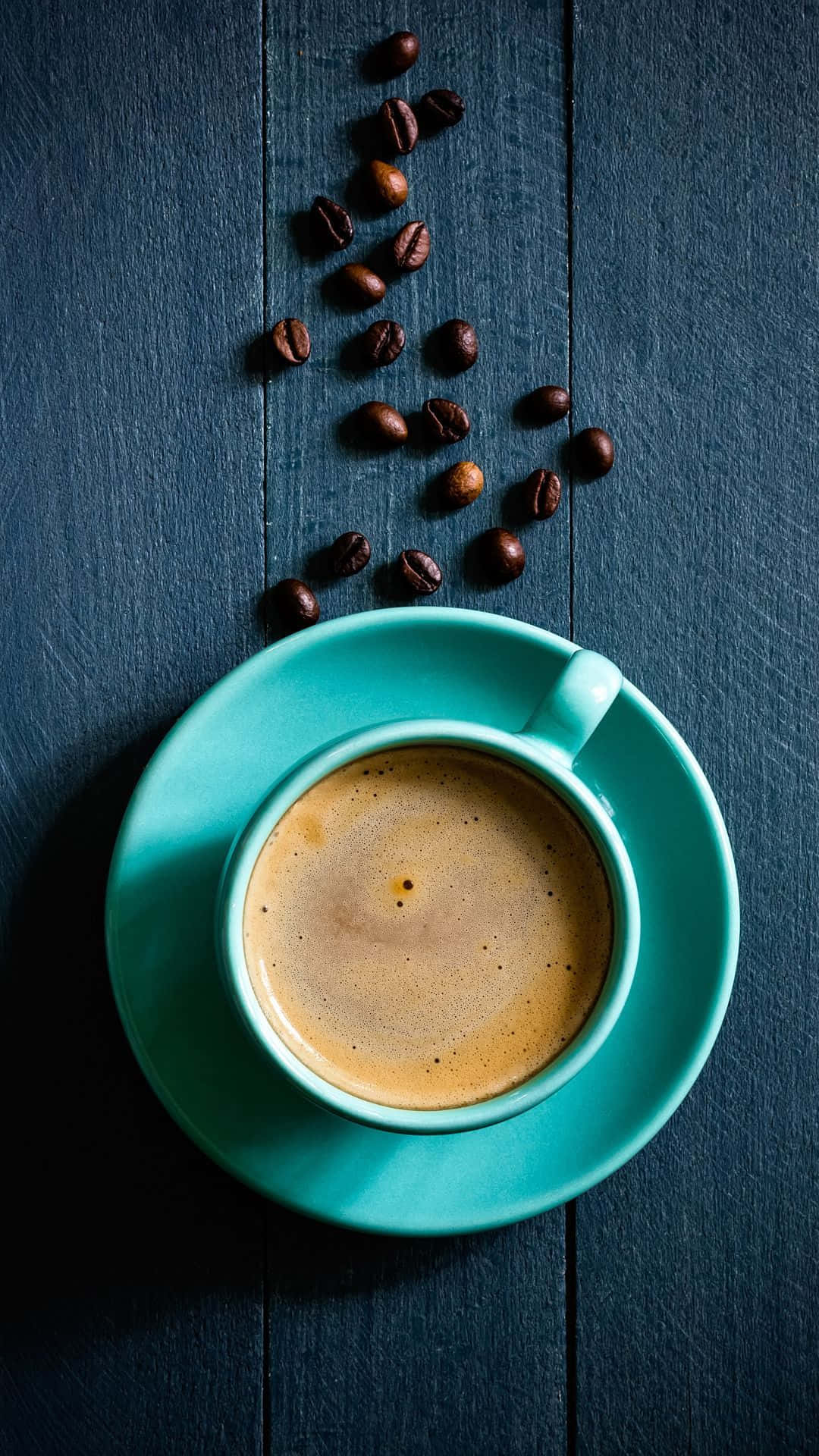 turquoise cup, espresso, dark wooden table, Full HD Phone Wallpaper