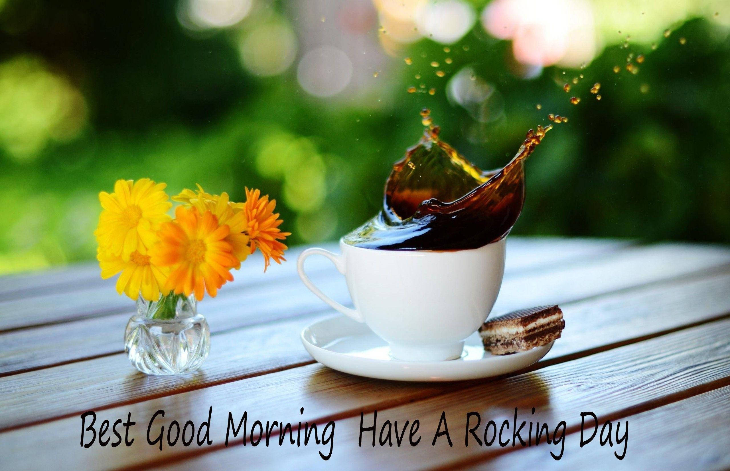 Good Morning HD, white coffee cup, dark liquid, 2K Desktop Wallpaper