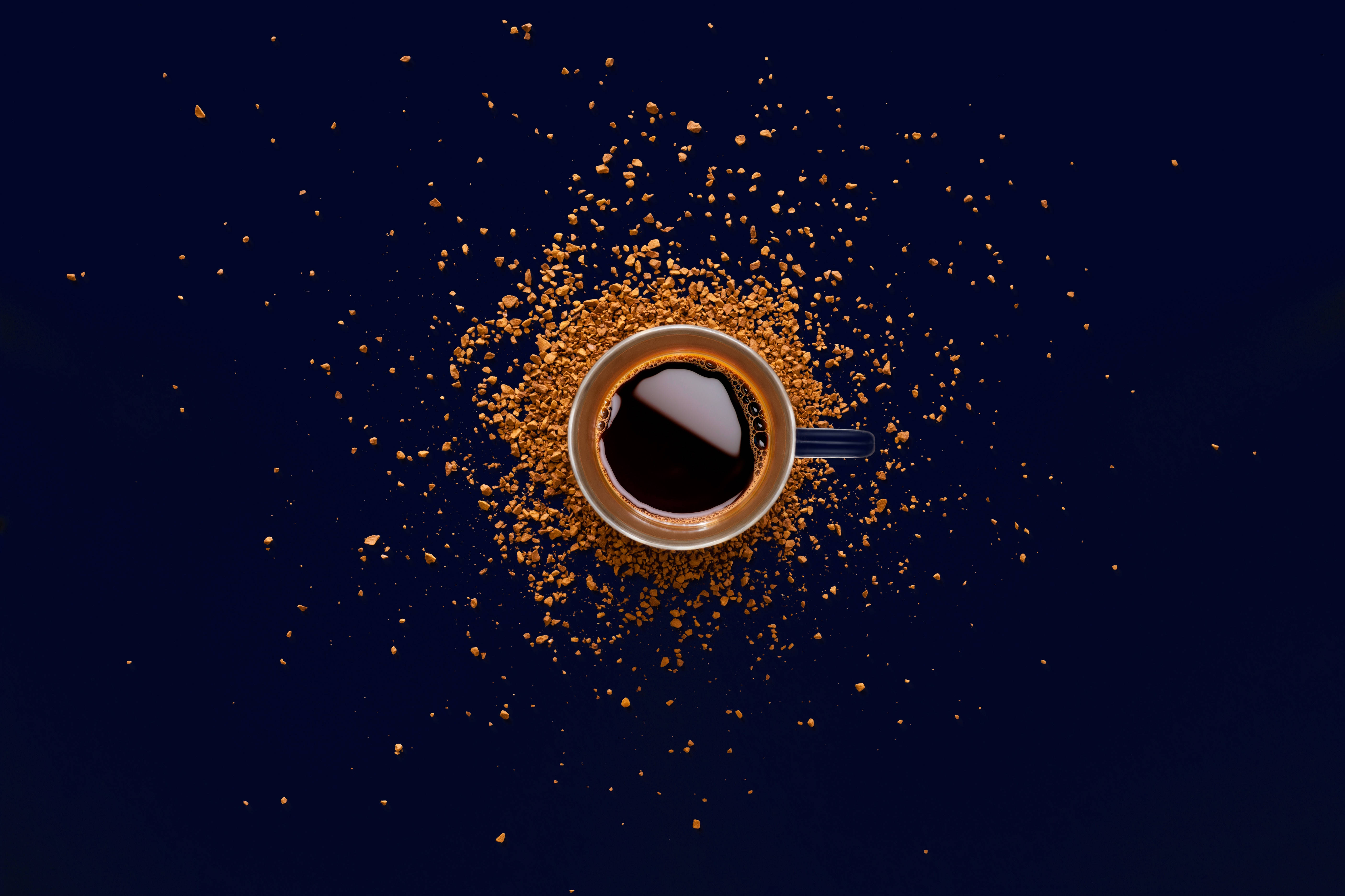 black coffee, dark blue, golden coffee grounds, 5K Desktop Wallpaper