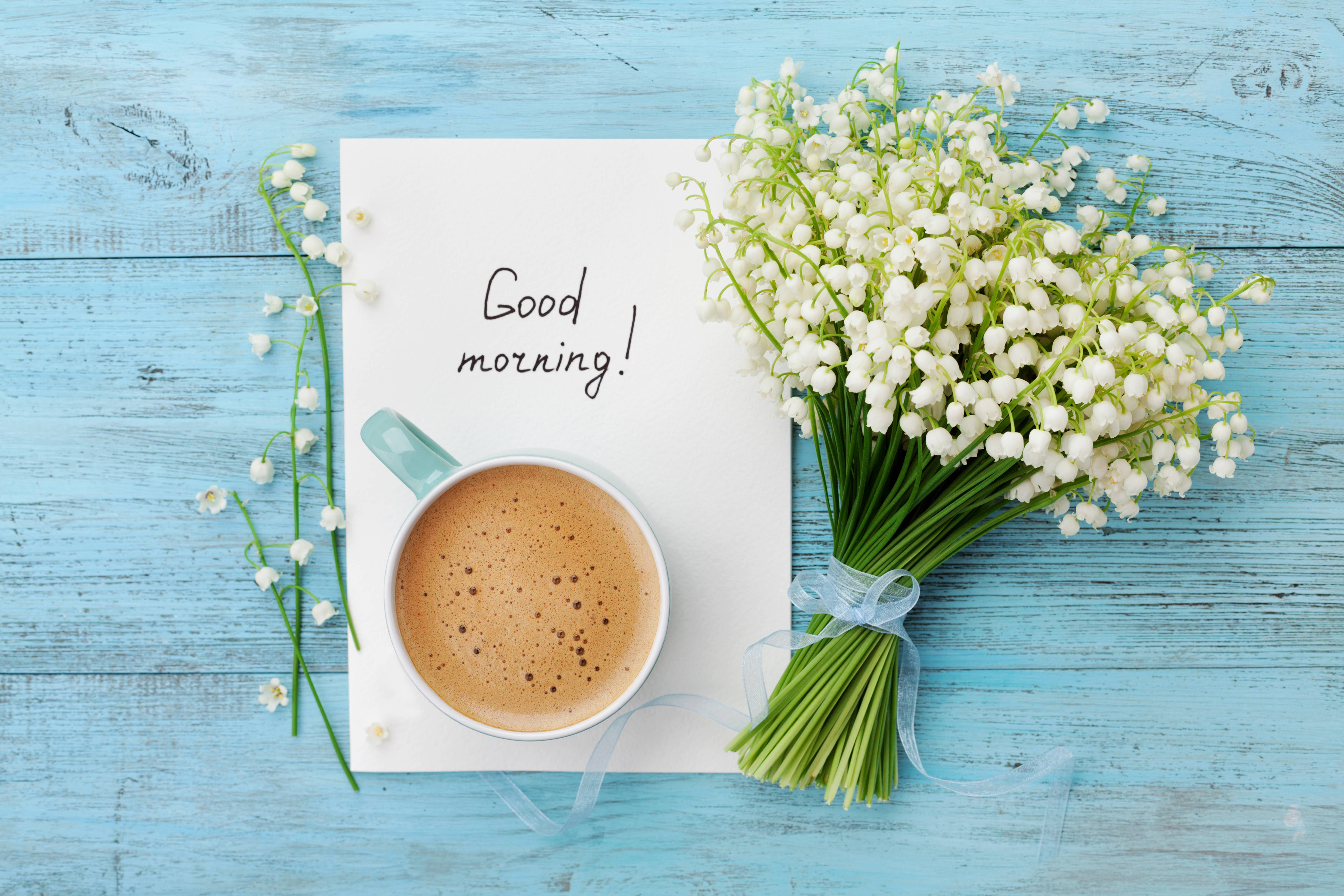 Good Morning Coffee, lily of the valley, steaming coffee cup, 5K Desktop Wallpaper