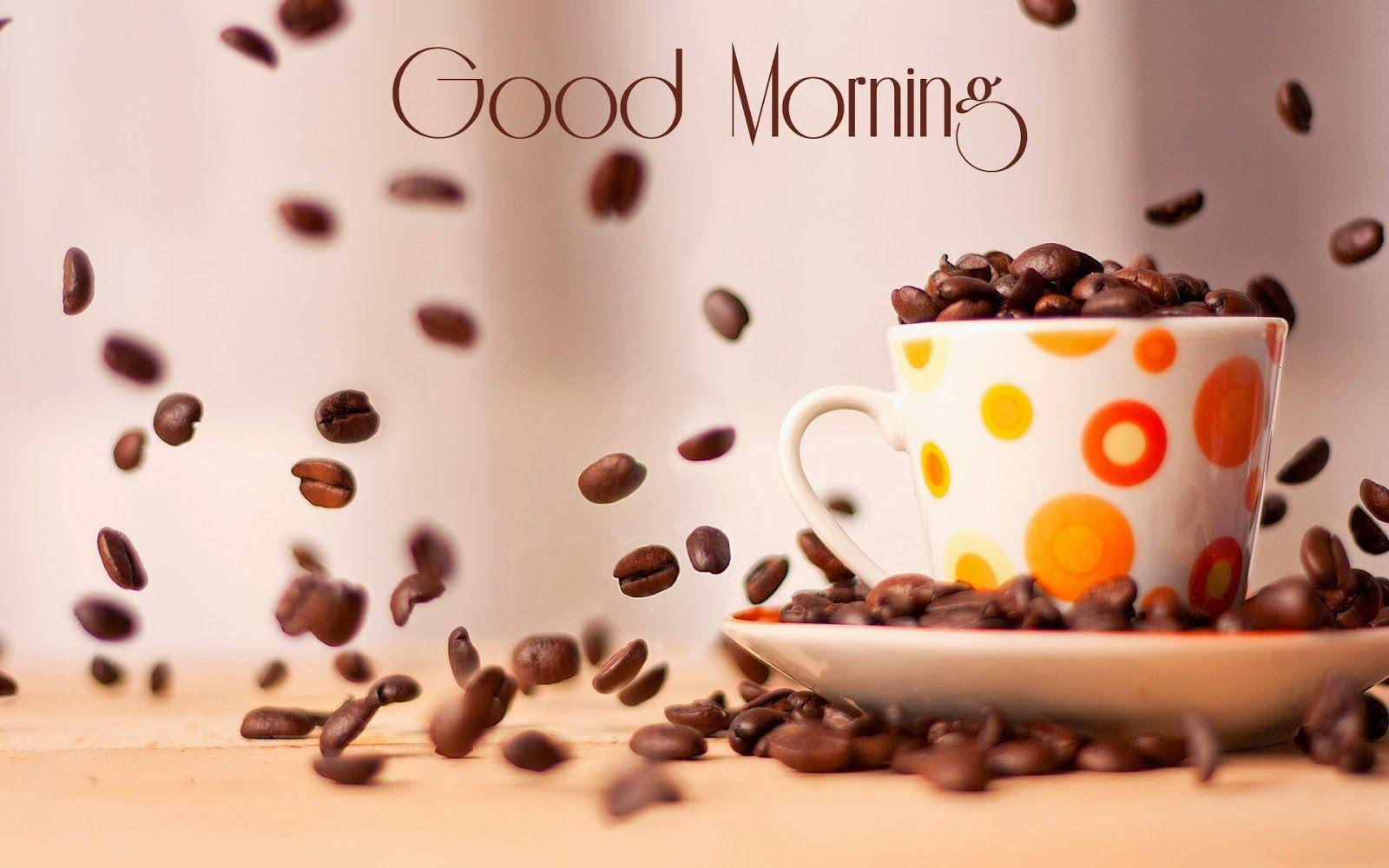 Good Morning HD, coffee beans, polka-dotted mug, HD Desktop Wallpaper