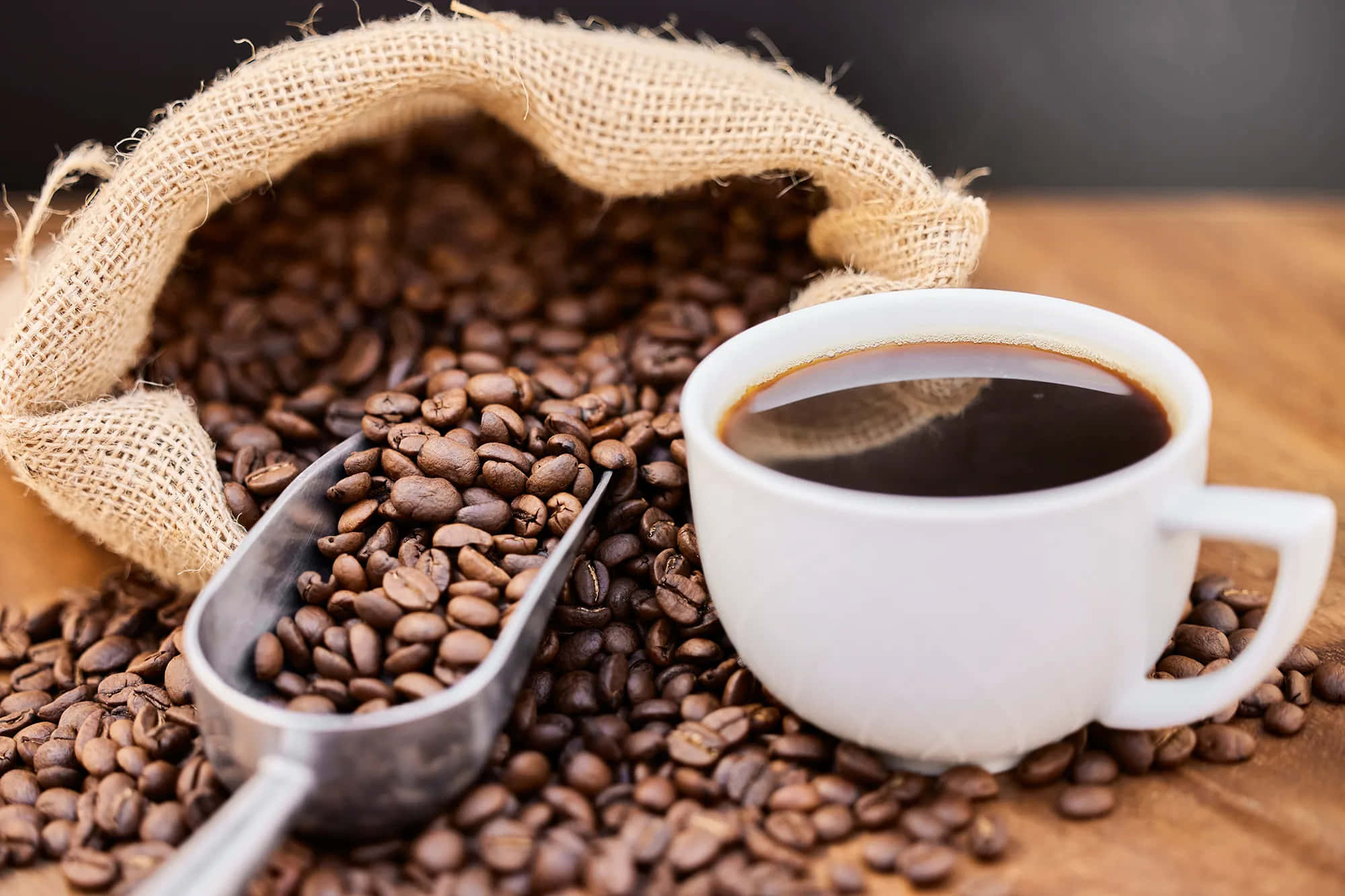 white cup, black coffee, burlap sack, Full HD Desktop Wallpaper