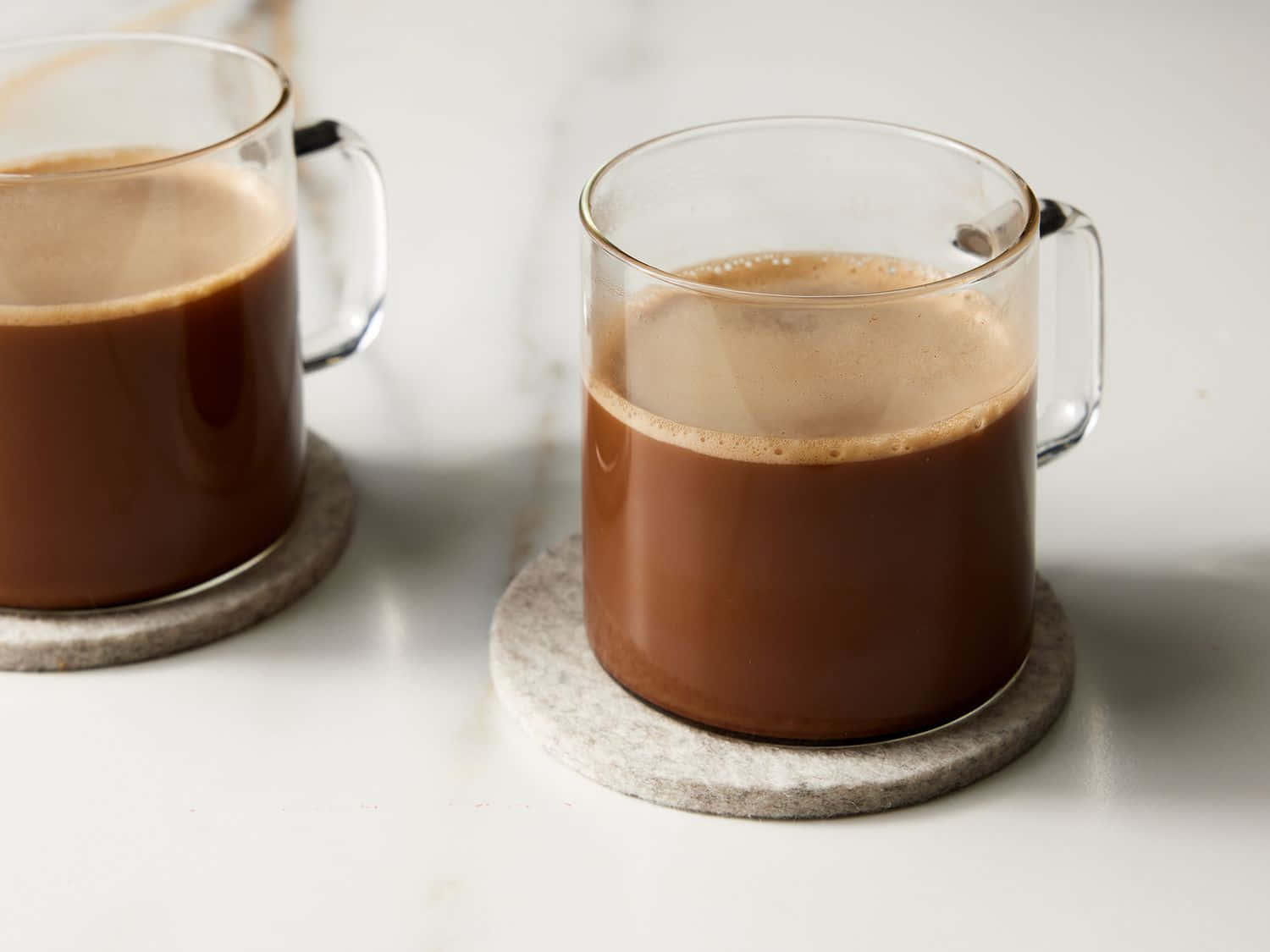 glass mugs, rich brown hot chocolate, textured coasters, HD Desktop Wallpaper