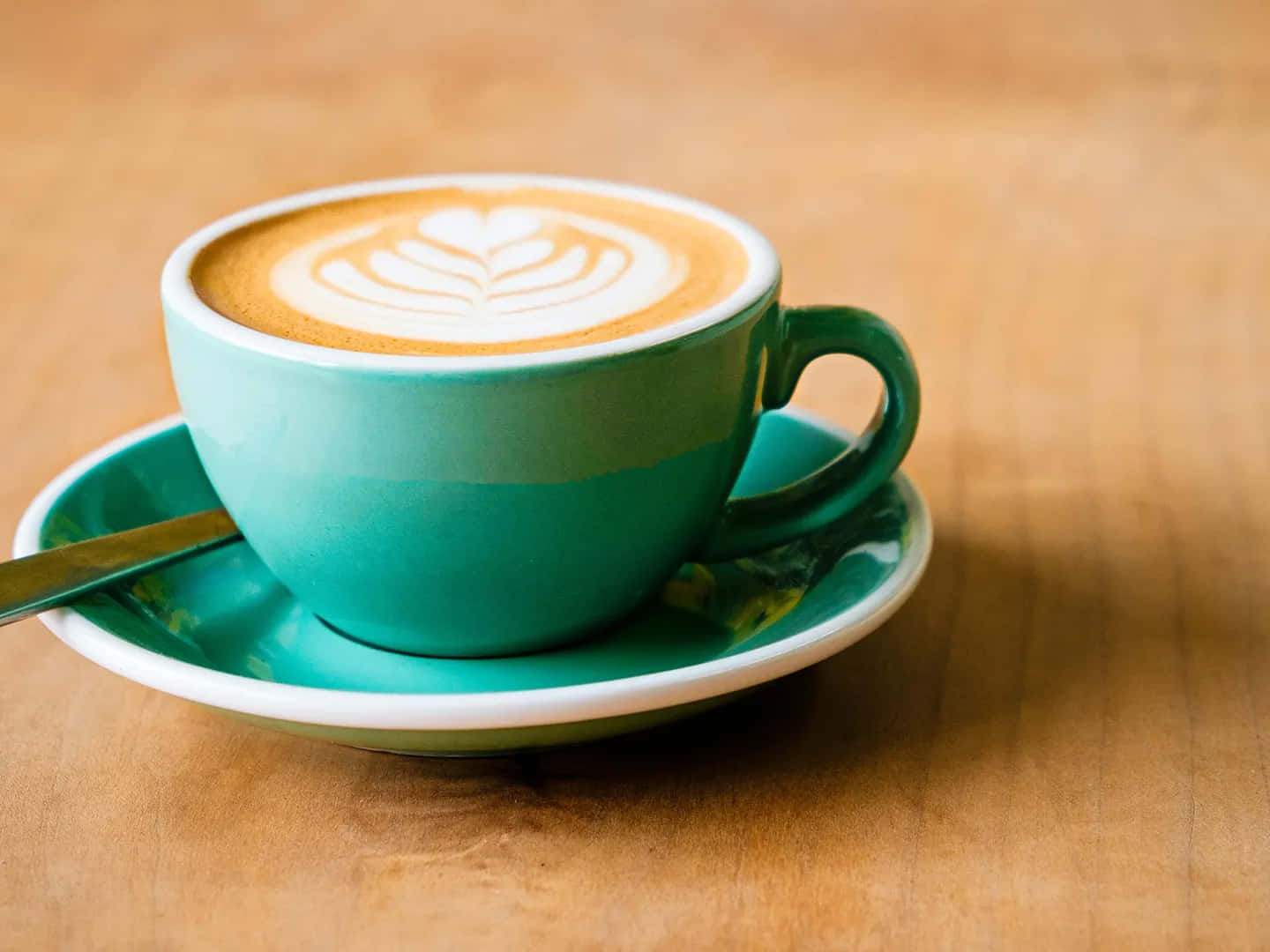 teal ceramic cup, leaf latte art, matching saucer, HD Desktop Wallpaper