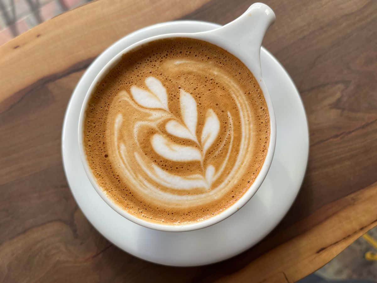 white ceramic cup, latte, leaf-shaped foam art, SD Desktop Wallpaper
