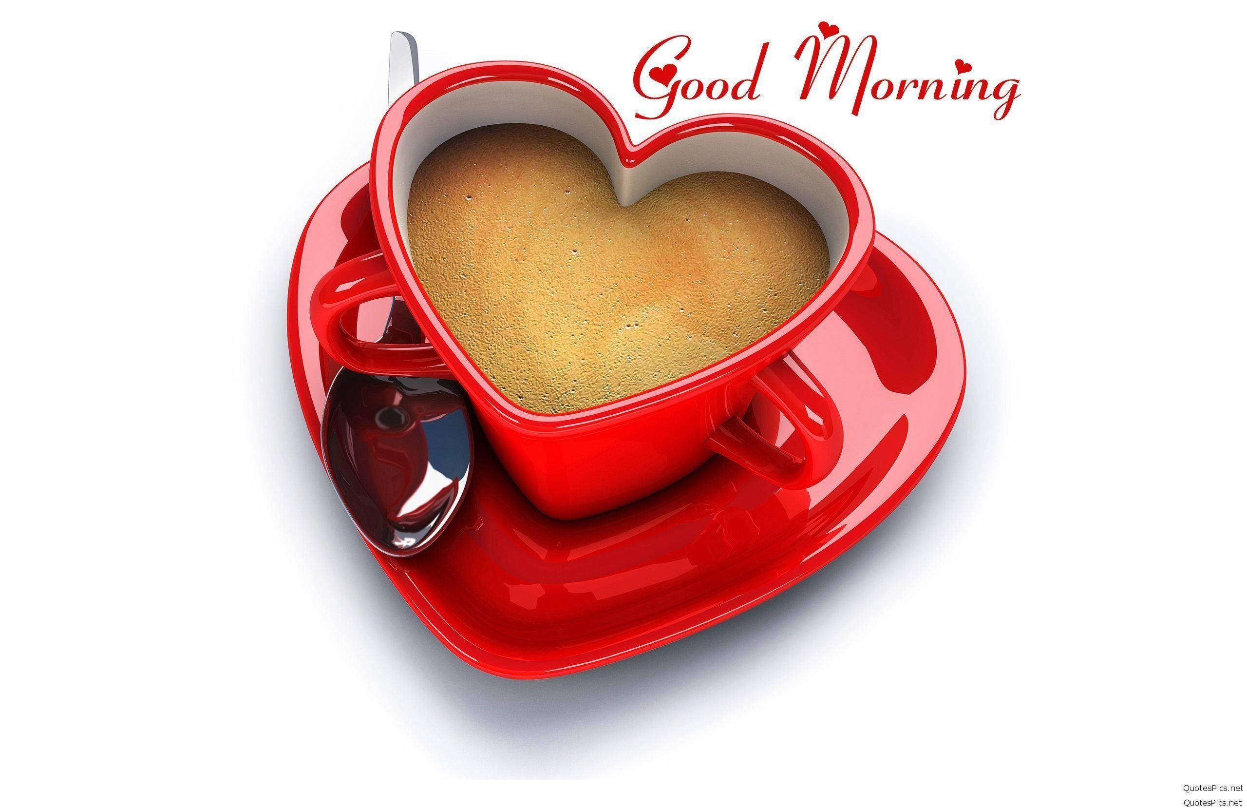Good Morning HD, heart-shaped coffee cup, glossy red, 2K Desktop Wallpaper