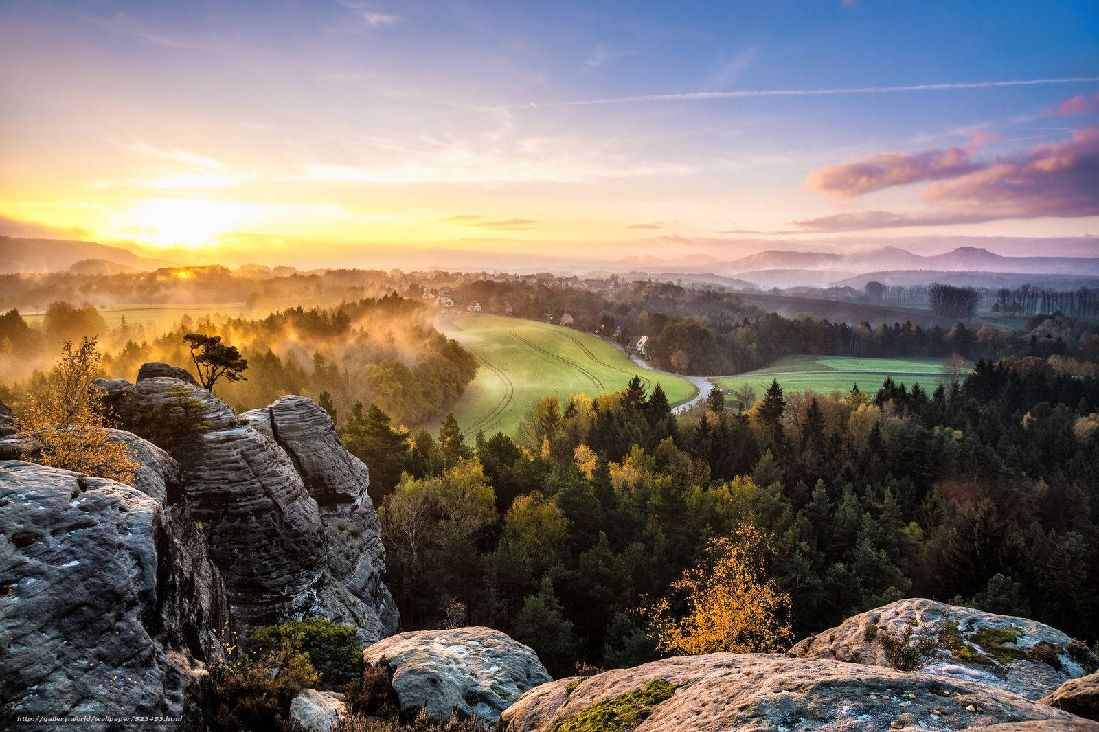 sunrise, misty valley, golden light, HD Desktop Wallpaper