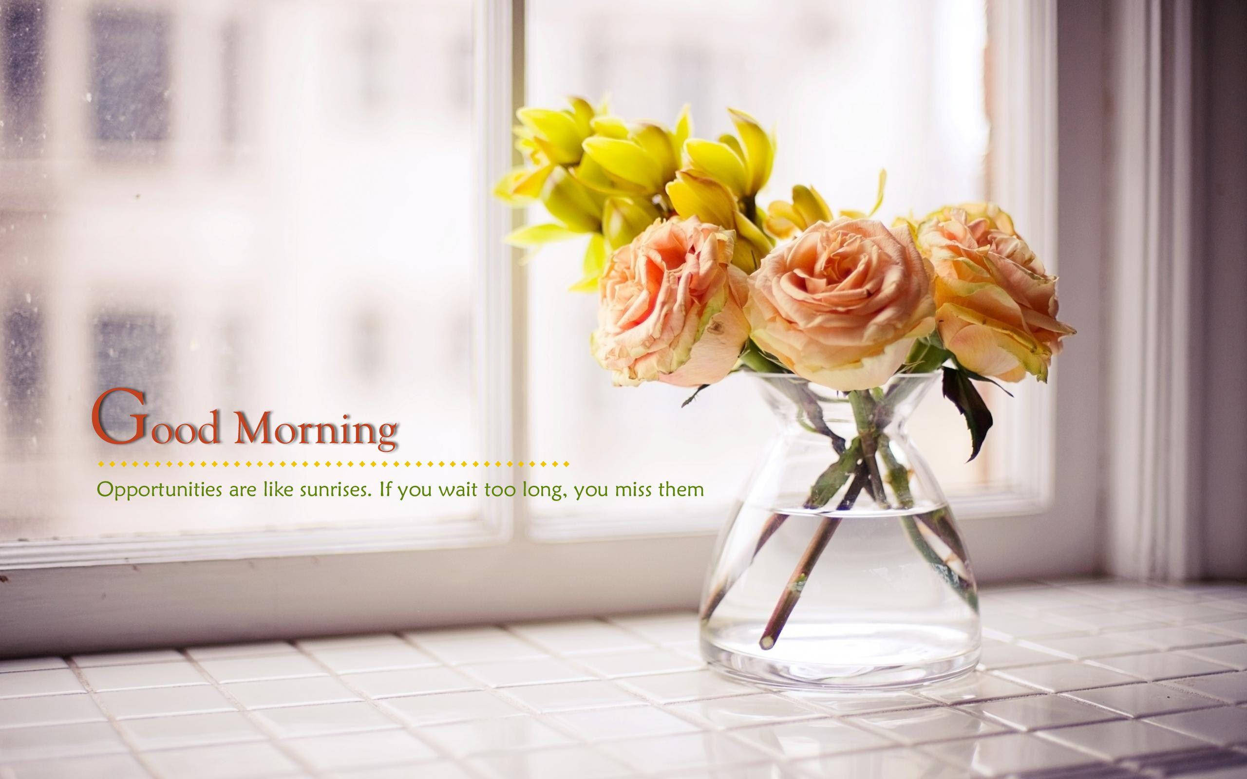 Good Morning HD, peach roses, yellow blooms, 2K Desktop Wallpaper