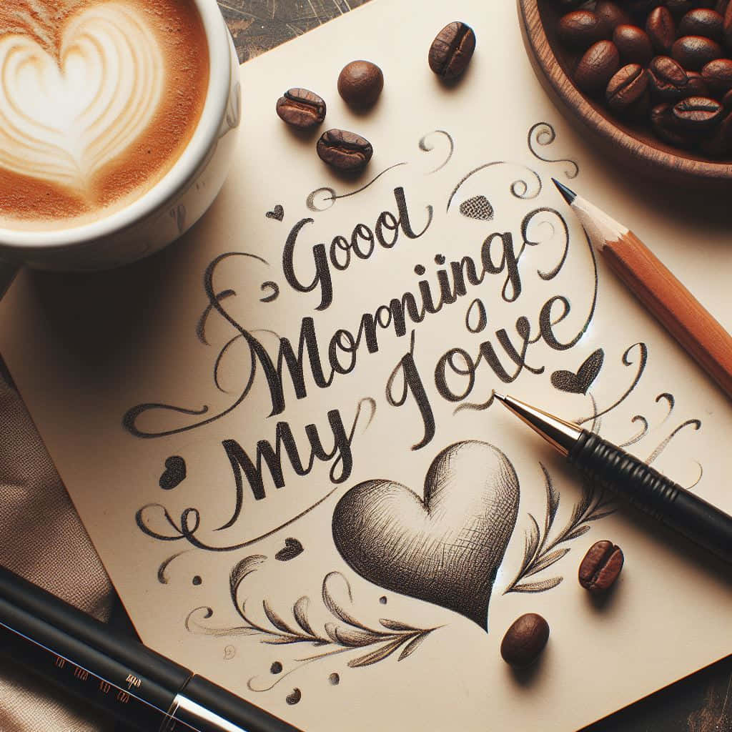 Good Morning My Love, latte art coffee, handwritten note, SD Desktop Wallpaper