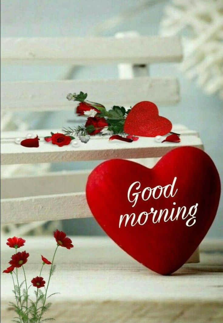 red heart, good morning text, white wooden bench, SD Phone Wallpaper