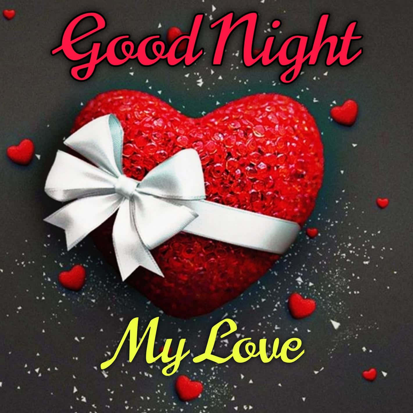 Good Night My Love, glittering red heart, silver bow, HD Desktop Wallpaper