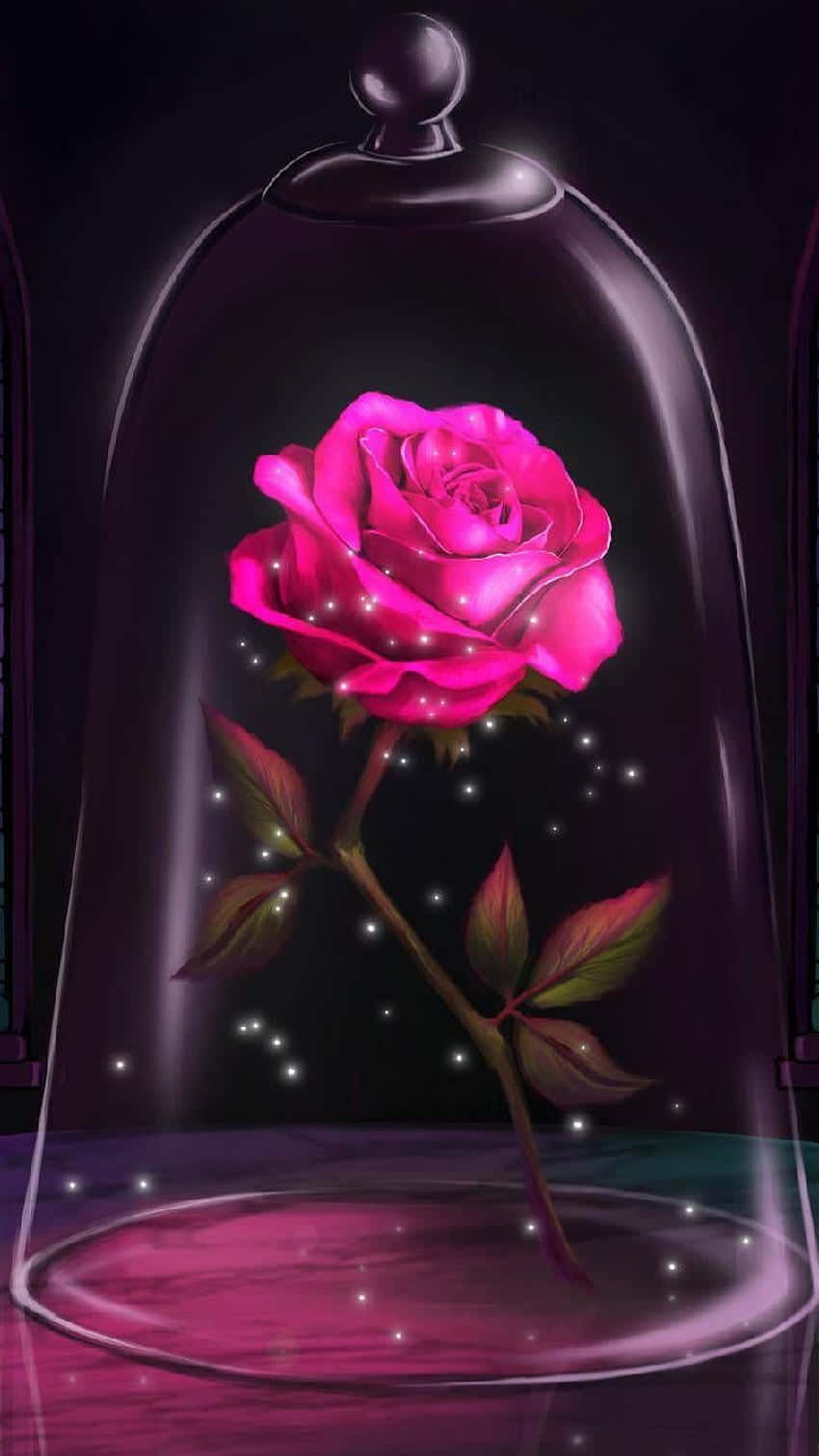 enchanted glowing rose, glass dome, magical sparkles, HD Phone Wallpaper