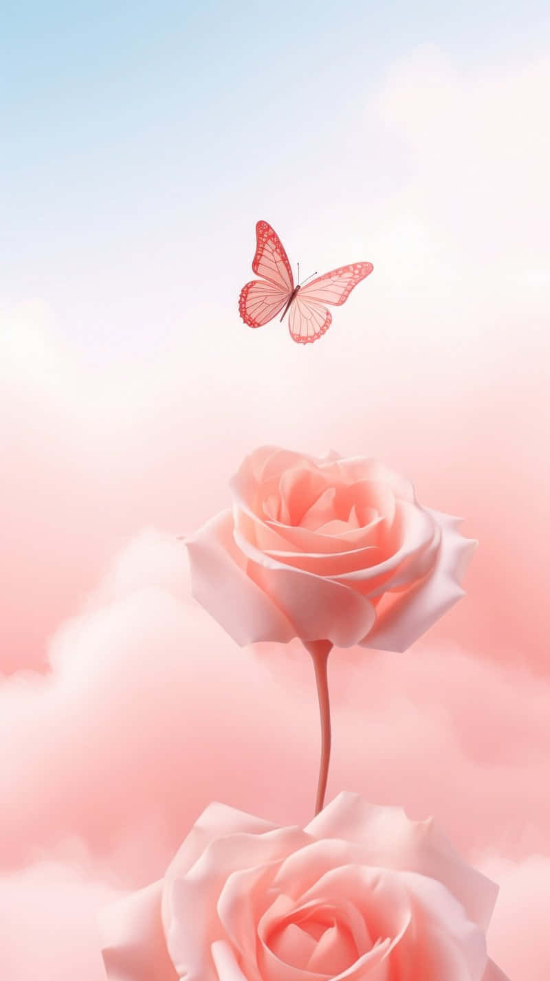 pink rose, delicate pink butterfly, dreamy pastel sky, HD Phone Wallpaper