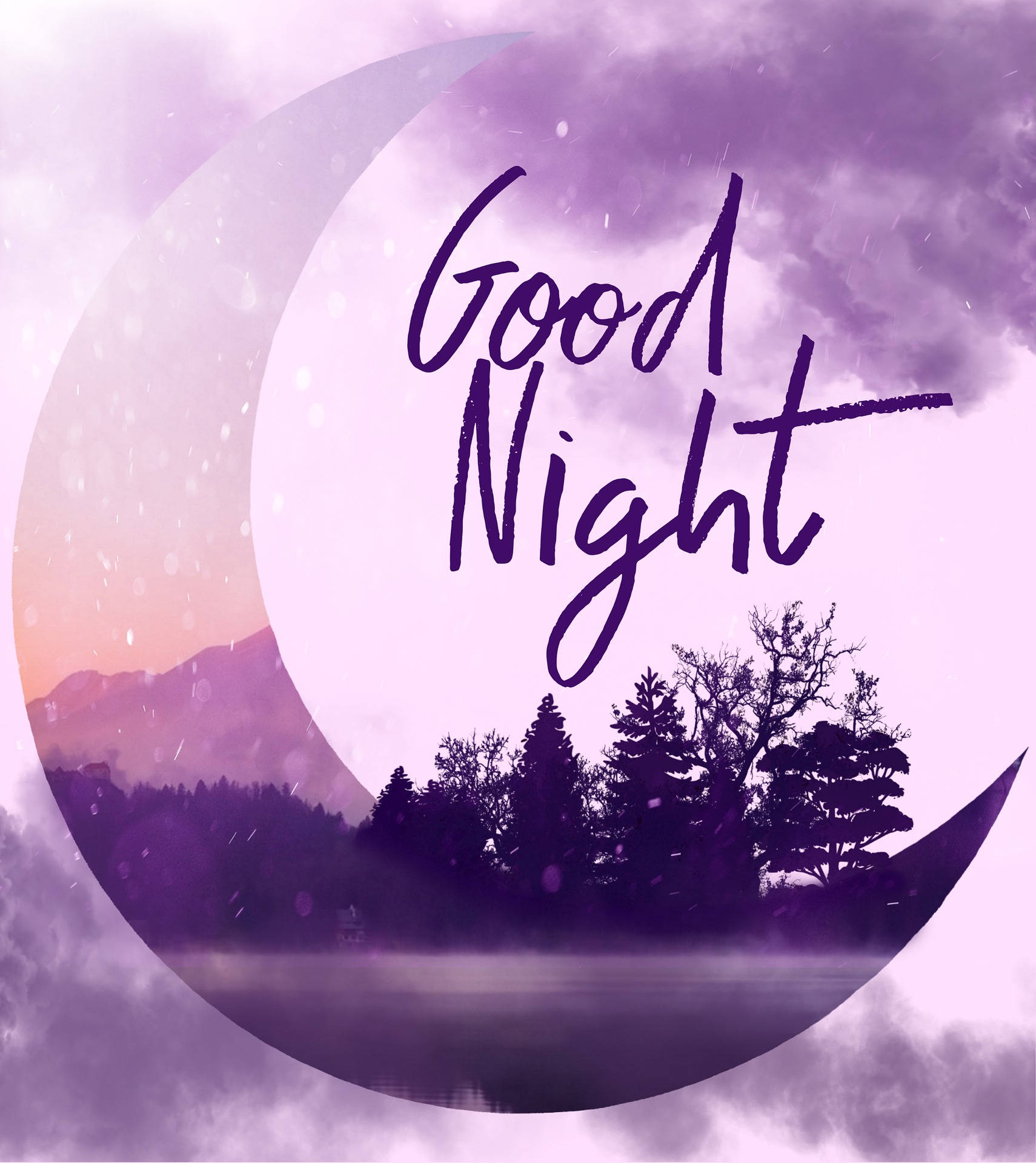 crescent moon, purple twilight, mountains, Full HD Phone Wallpaper
