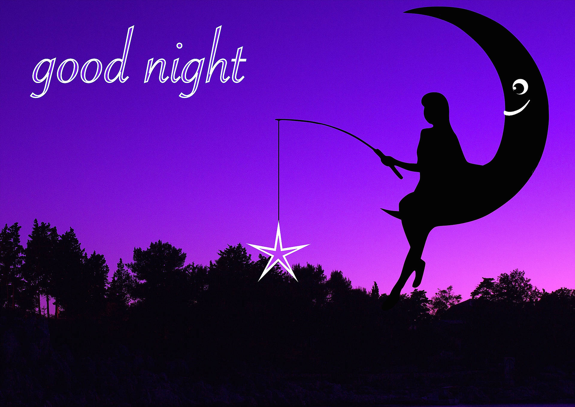 Good Night, crescent moon silhouette, fishing rod, Full HD Desktop Wallpaper