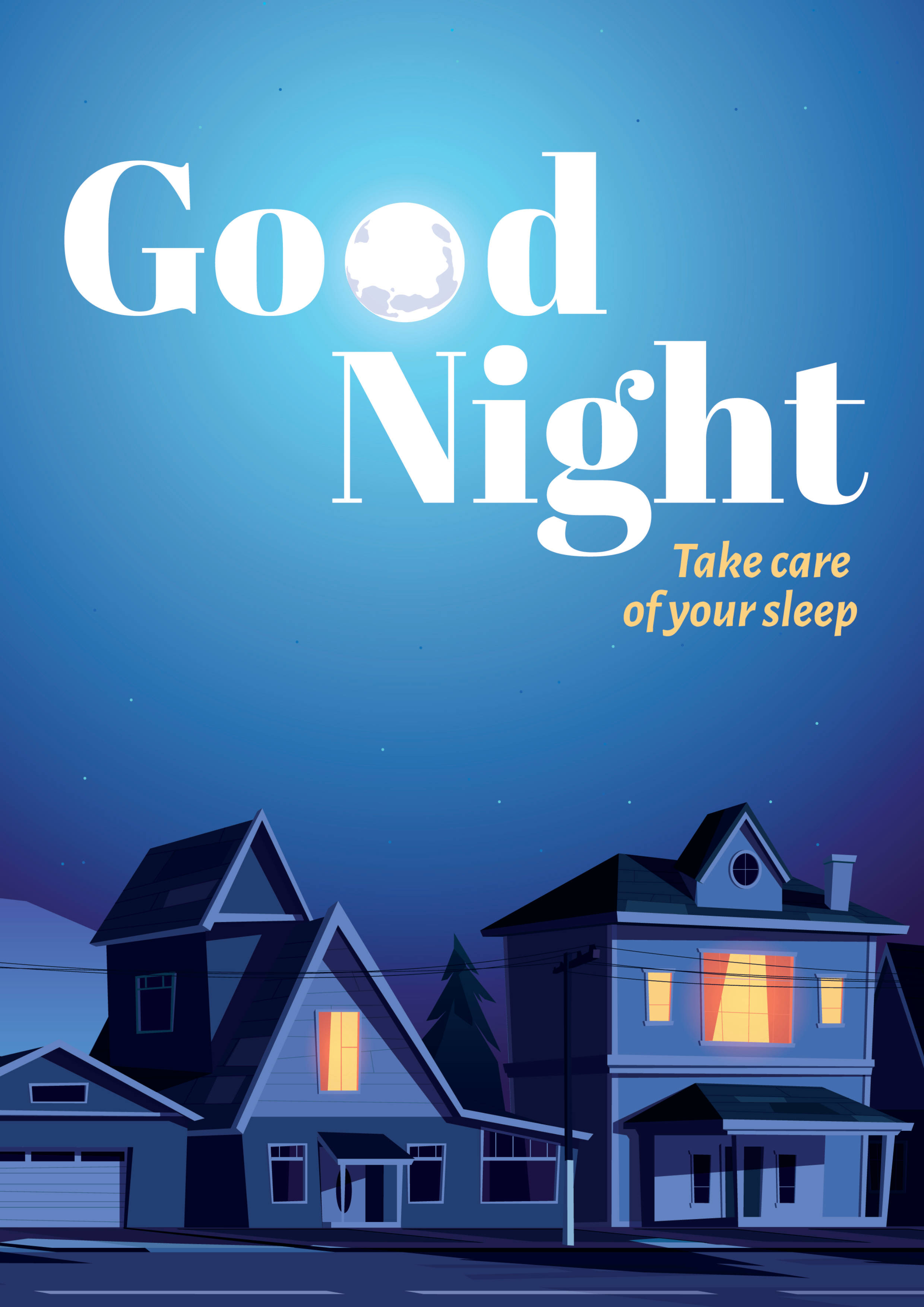 Good Night, row house, starry sky, 2K Phone Wallpaper