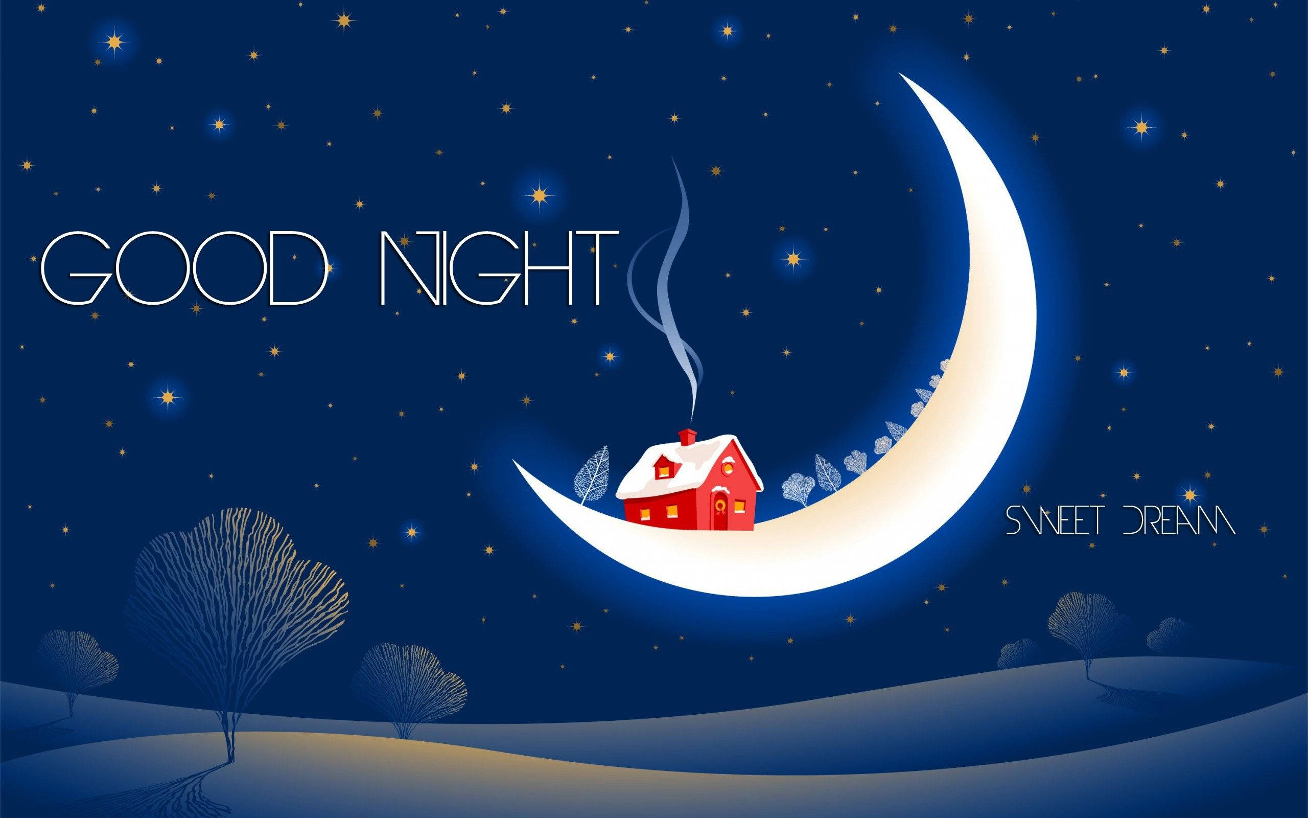 red house, snow, glowing crescent moon, 2K Desktop Wallpaper