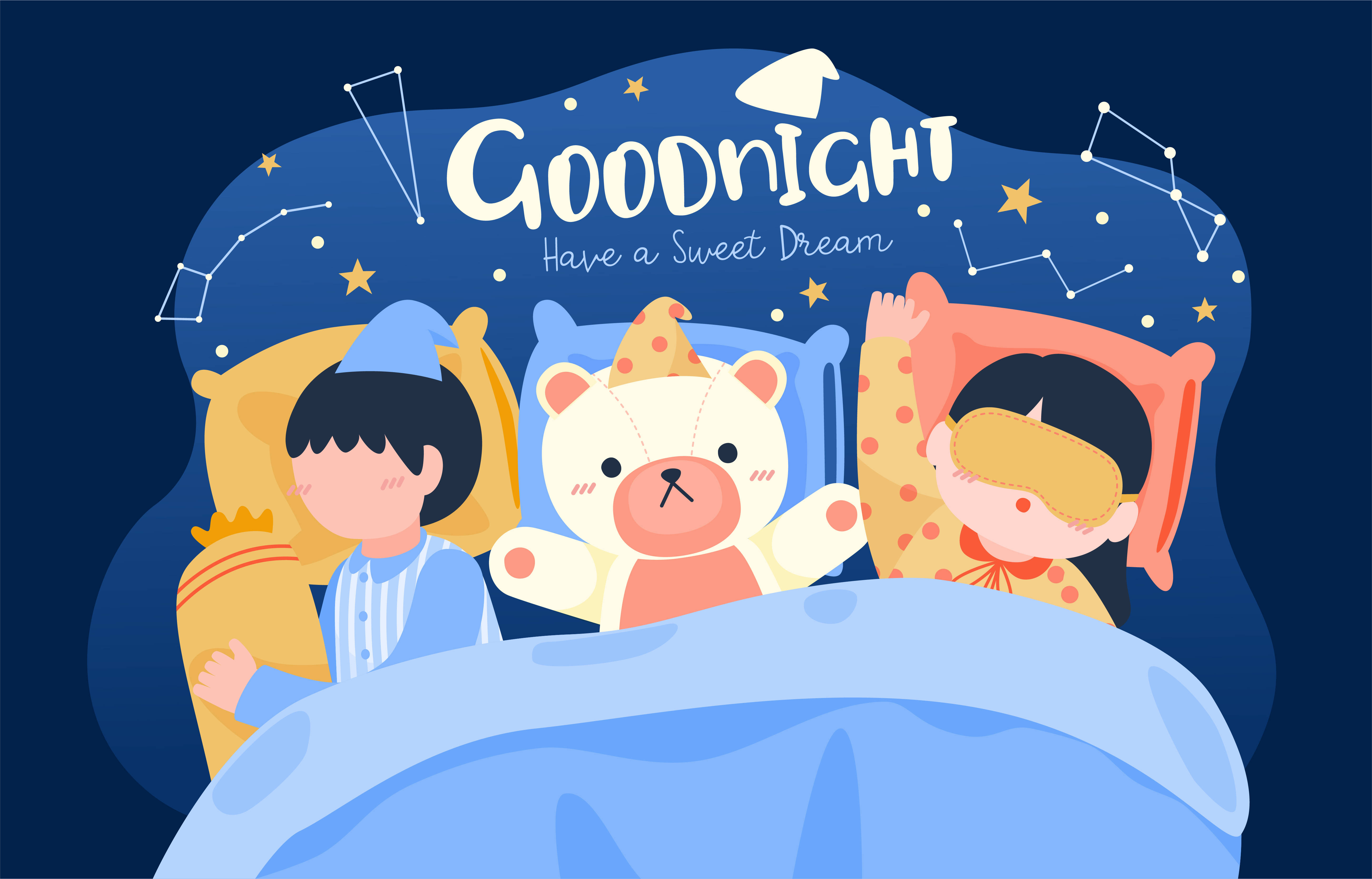 Good Night Sleep, teddy bear, starry night sky, 5K Desktop Wallpaper