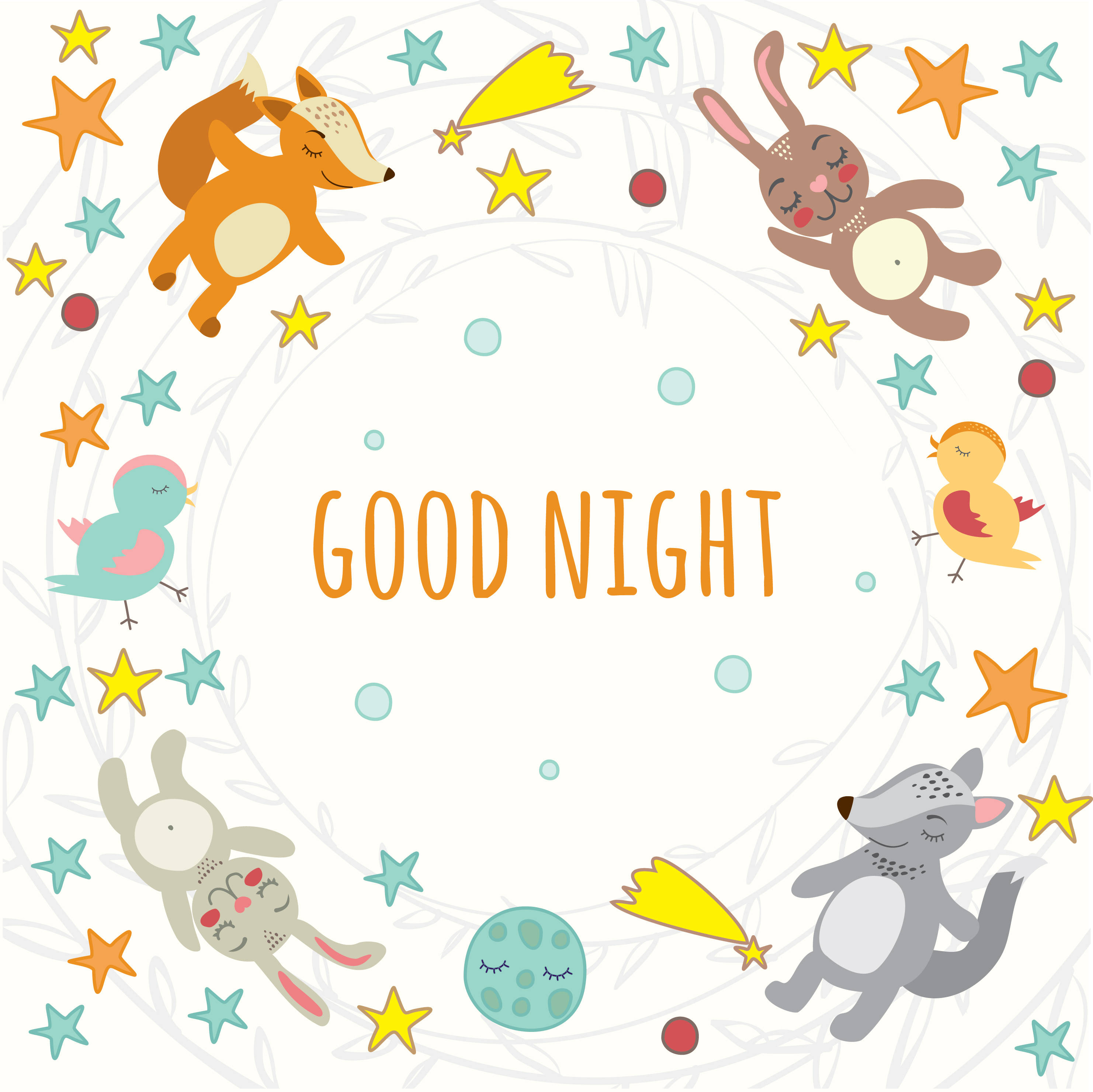 Good Night Animals, colorful stars, GOOD NIGHT message, 2K Desktop Wallpaper