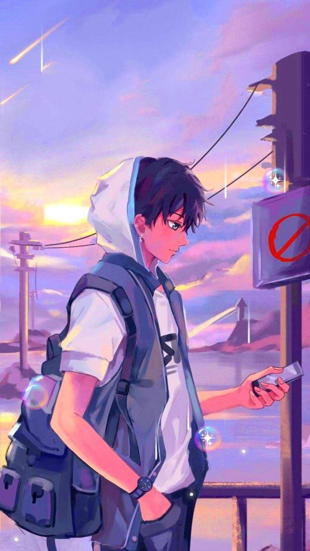 anime boy, hoodie, backpack, Full HD Phone Wallpaper