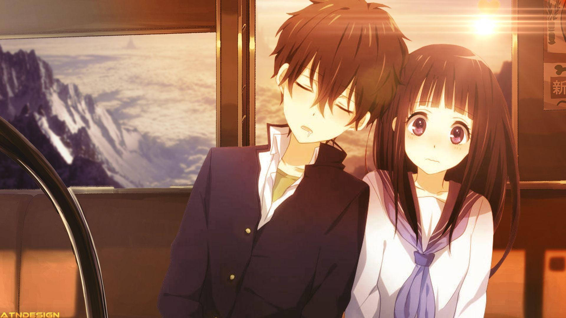 anime couple, train, school uniforms, Full HD Desktop Wallpaper