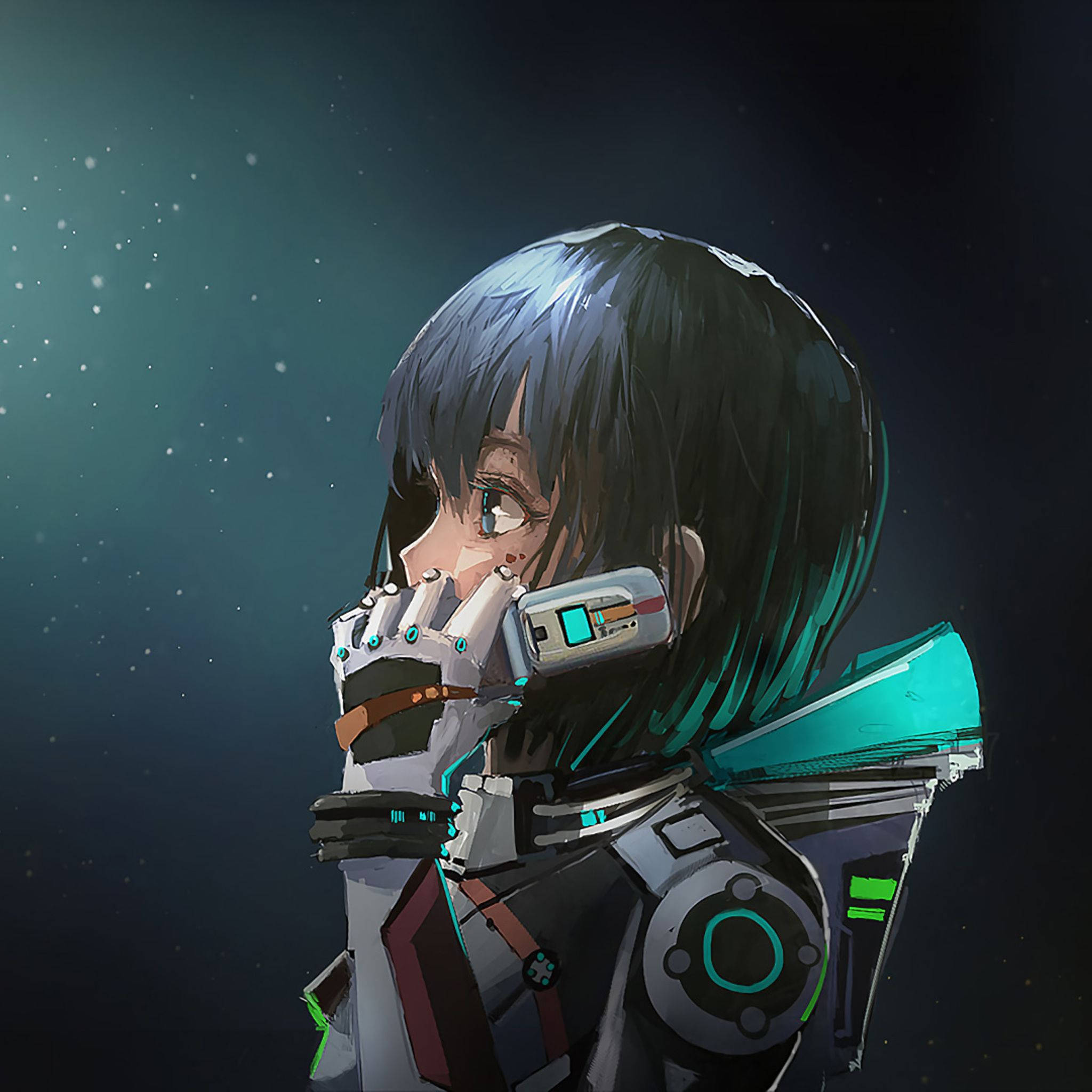 anime girl, futuristic armor, starry teal void, Full HD Desktop Wallpaper