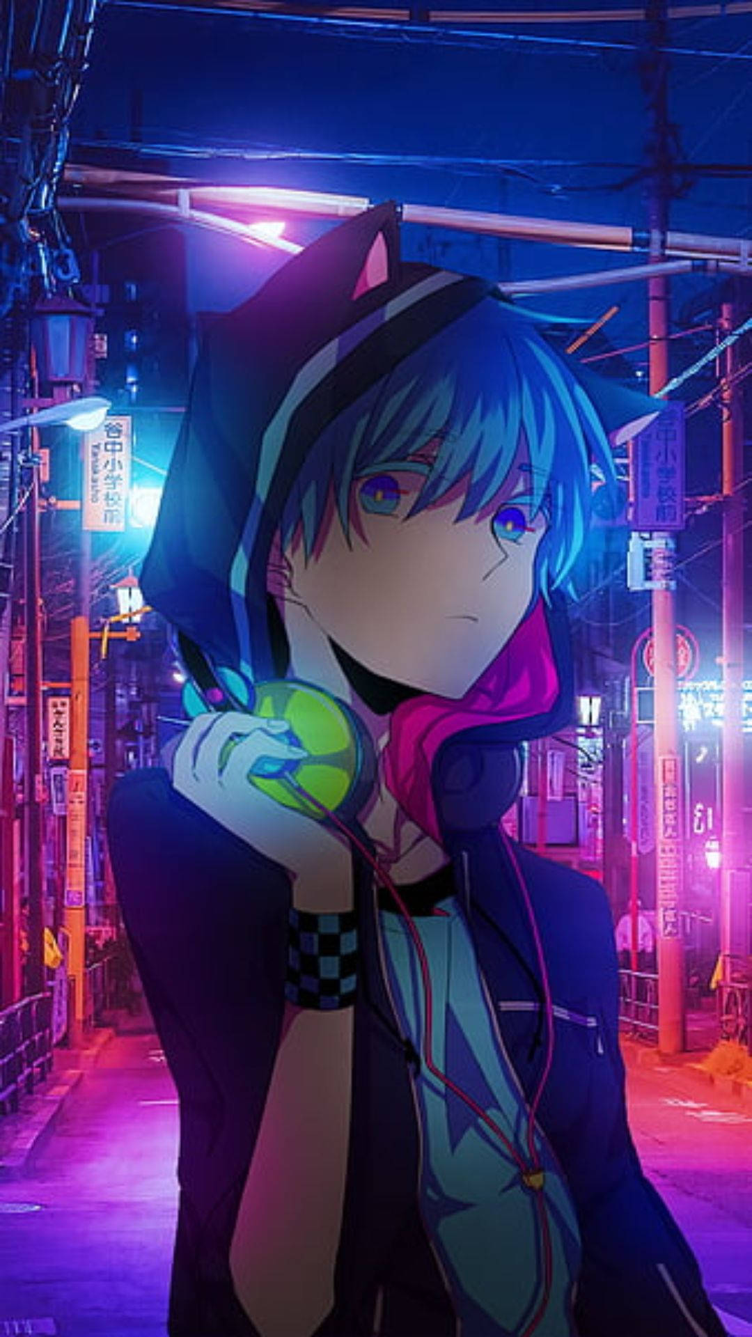 blue-haired anime teen, hoodie, cat ears, Full HD Phone Wallpaper
