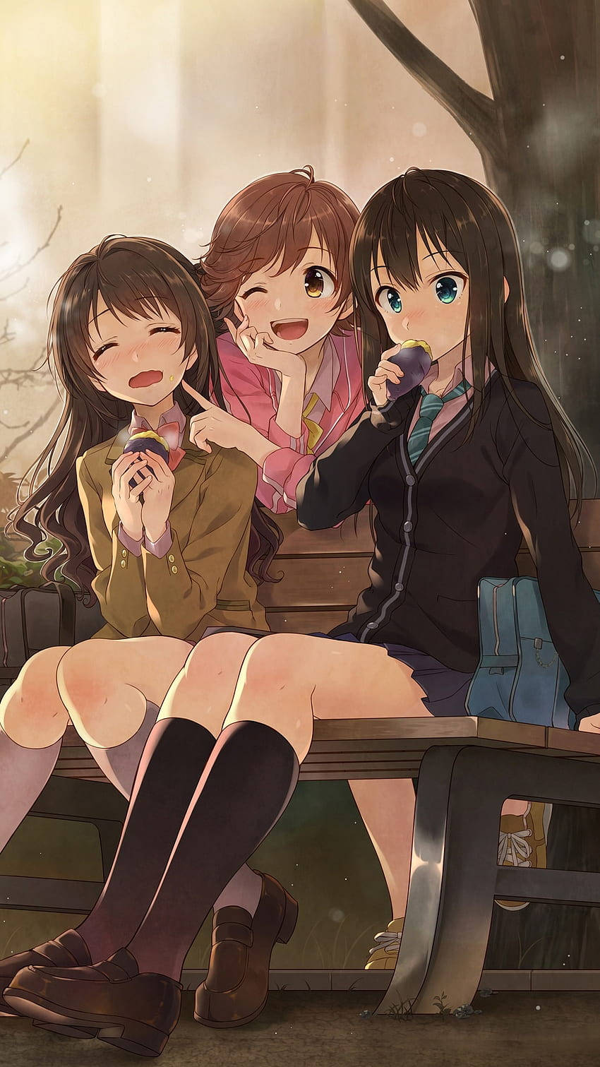 three anime girls, school uniforms, park bench, HD Phone Wallpaper