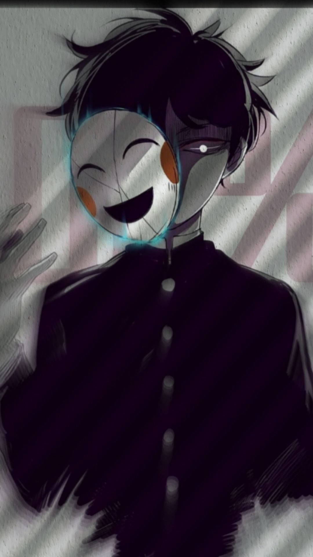 emo anime boy, cracked smiling mask, dark-haired anime character, Full HD Phone Wallpaper