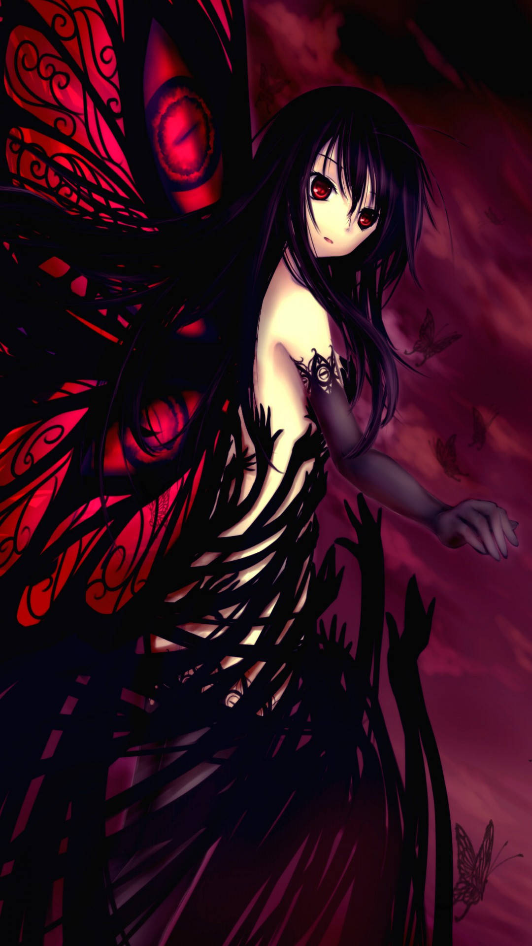 anime fairy girl, dark-haired, red eyes, Full HD Phone Wallpaper