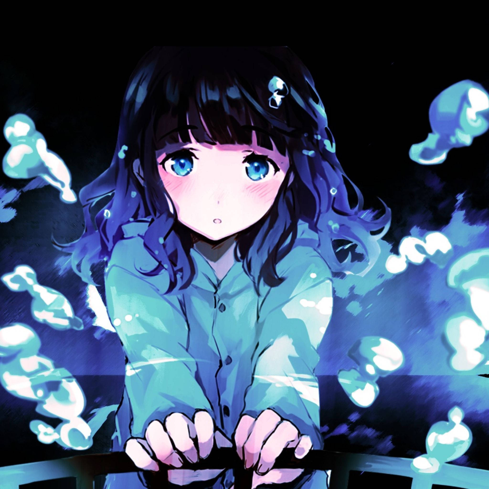 anime girl, blue eyes, dark hair, Full HD Desktop Wallpaper