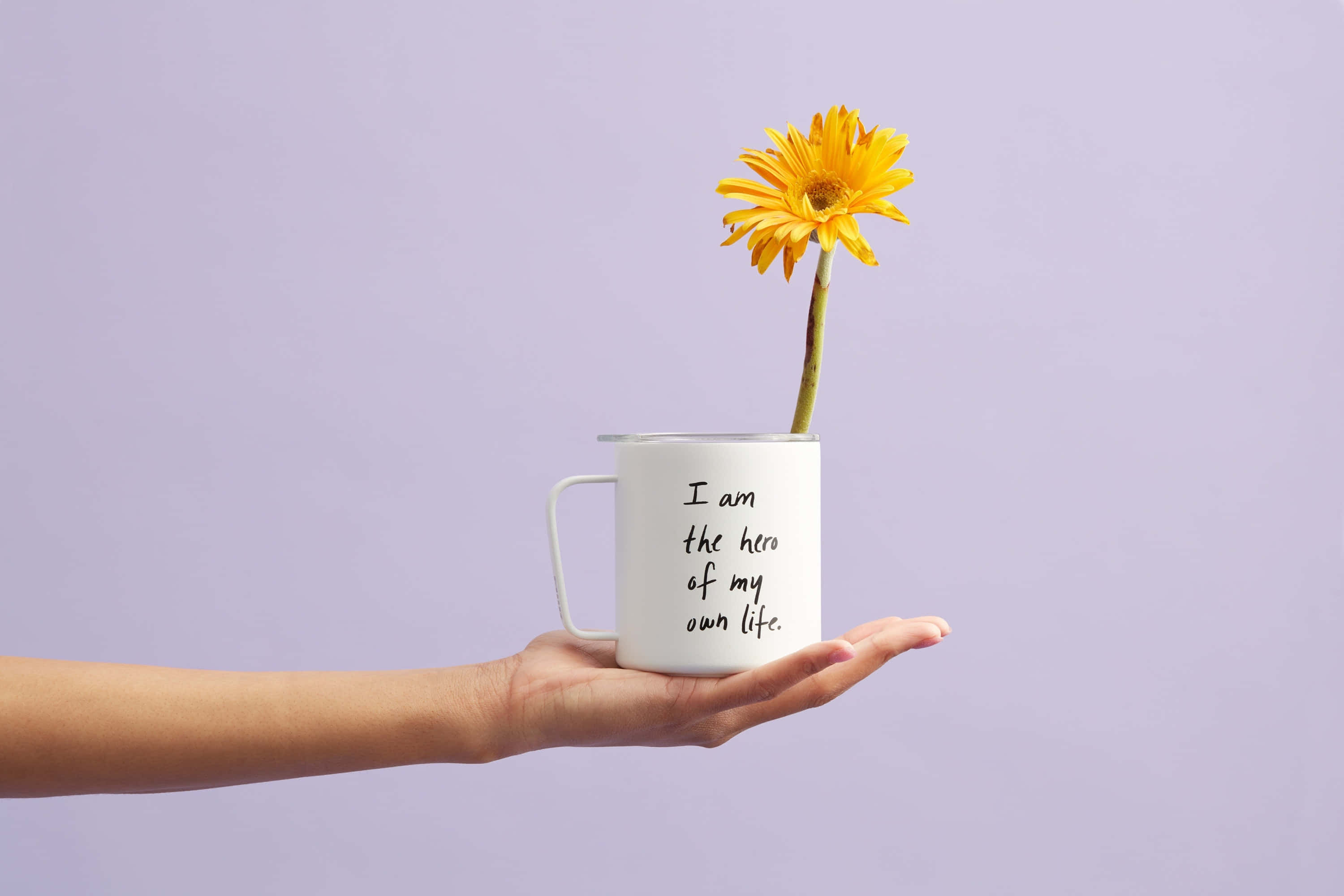 white mug, I am the hero of my own life, yellow gerbera daisy, 2K Desktop Wallpaper