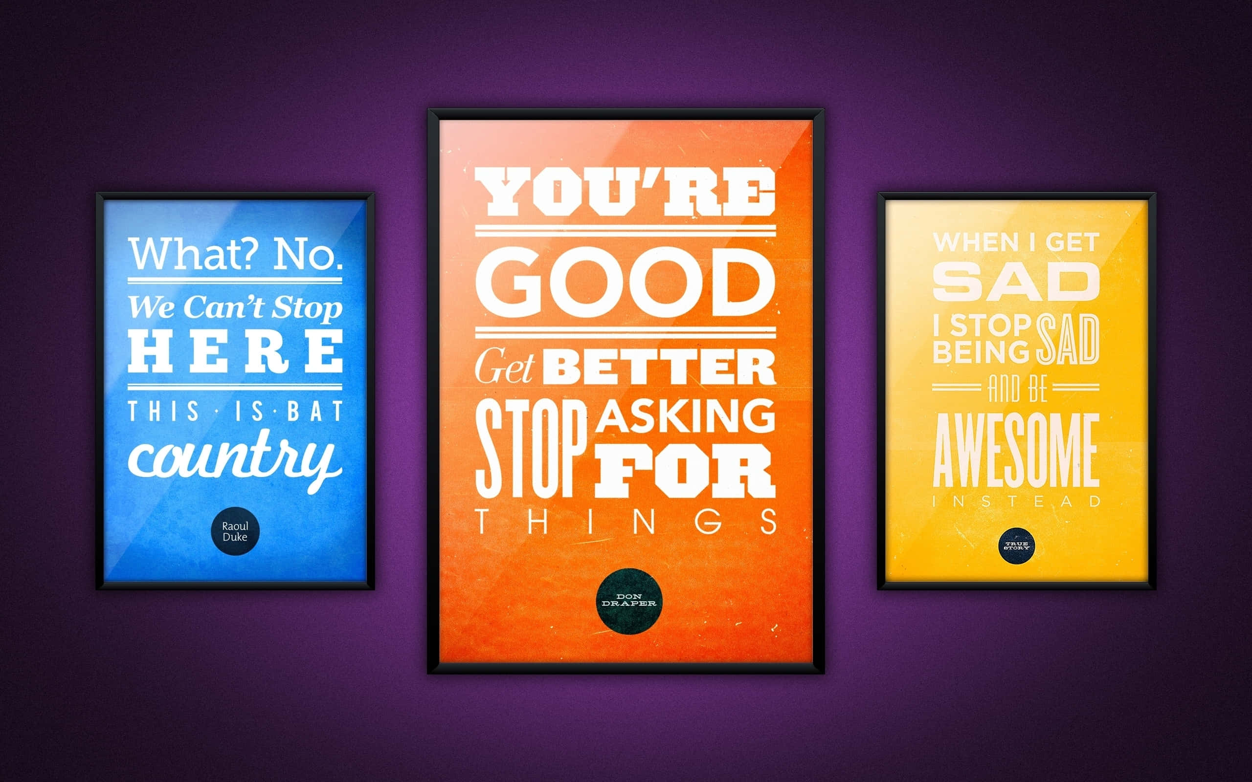 deep purple wall, bold typography, vibrant blue orange and yellow hues, 2K Desktop Wallpaper