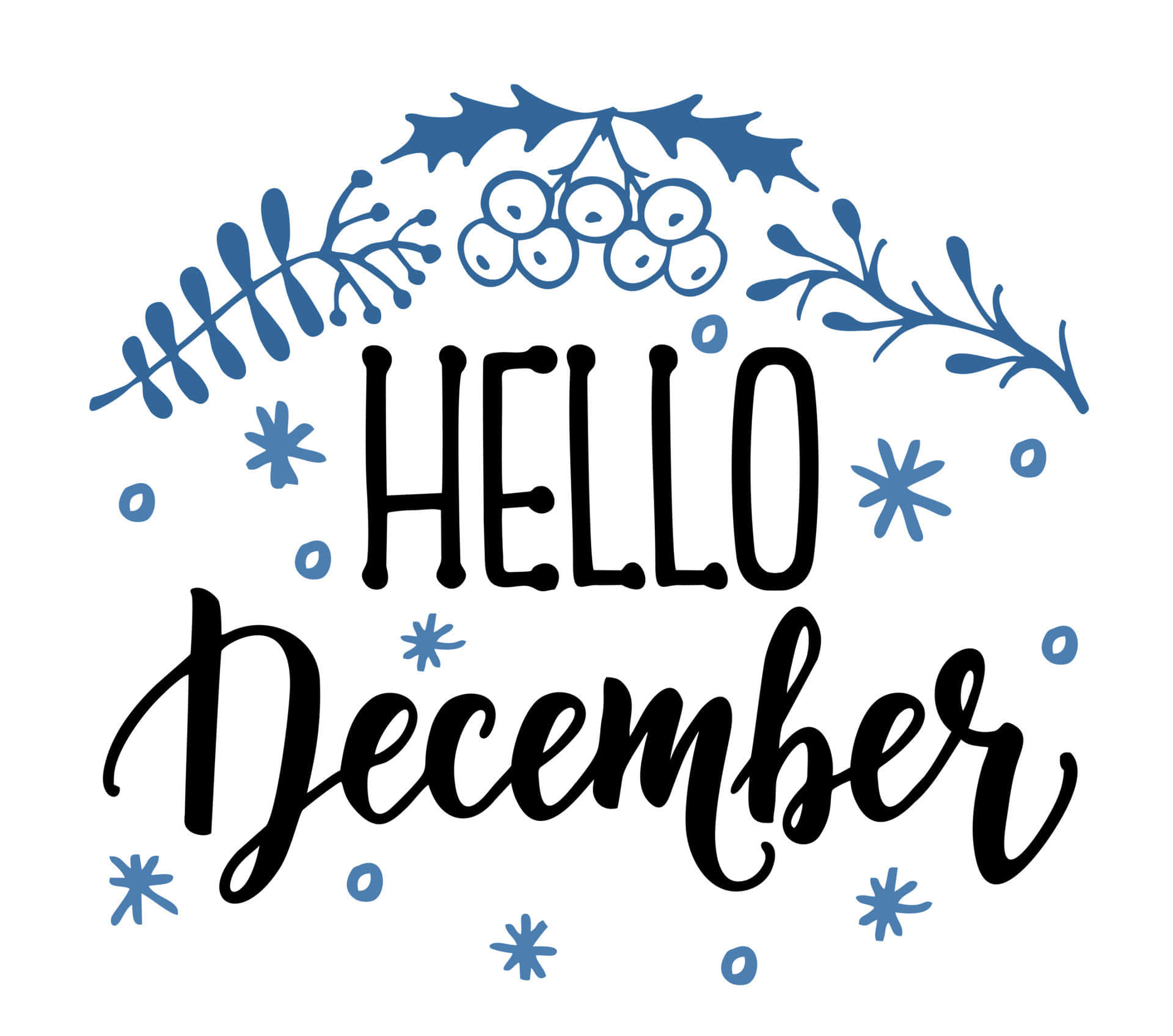 Hello December, blue holly berries, foliage, Full HD Desktop Wallpaper