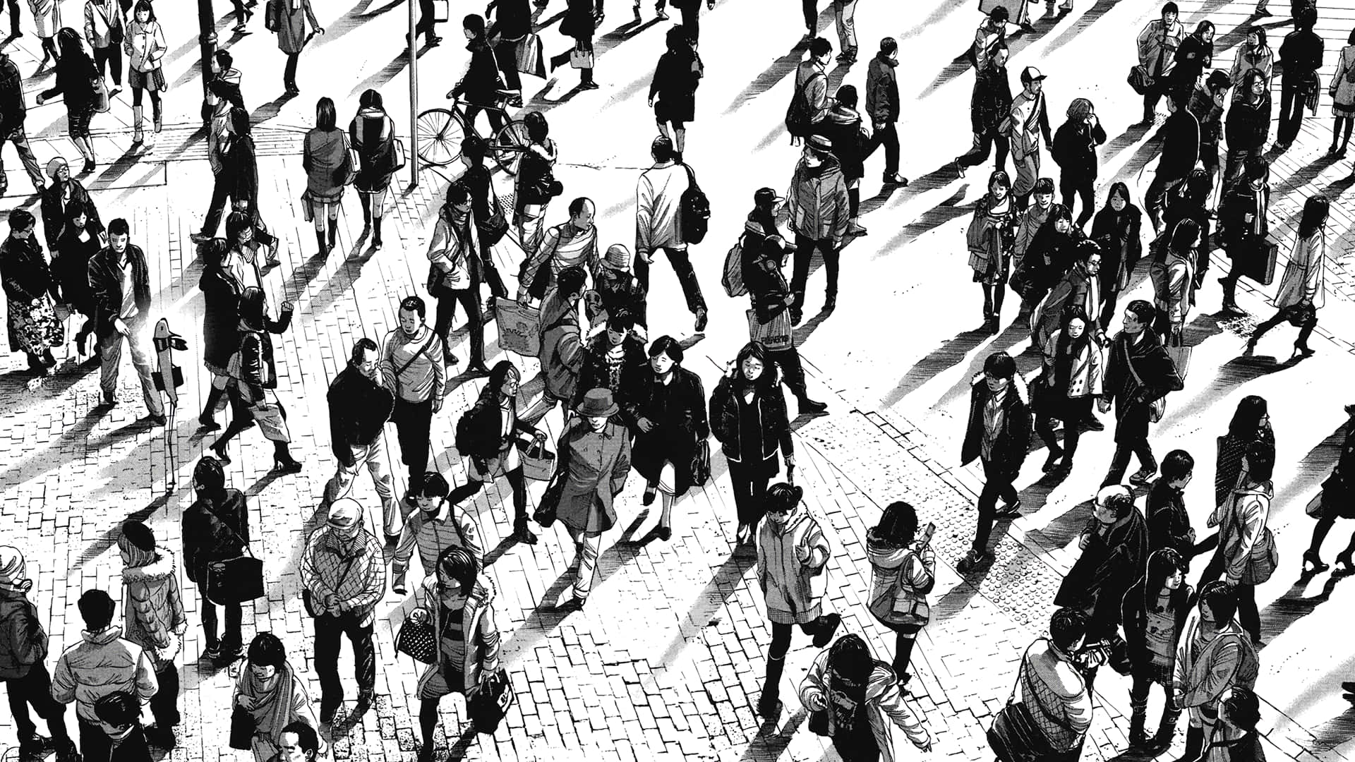 Goodnight Punpun, black and white, sunlit cobblestone plaza, Full HD Desktop Wallpaper