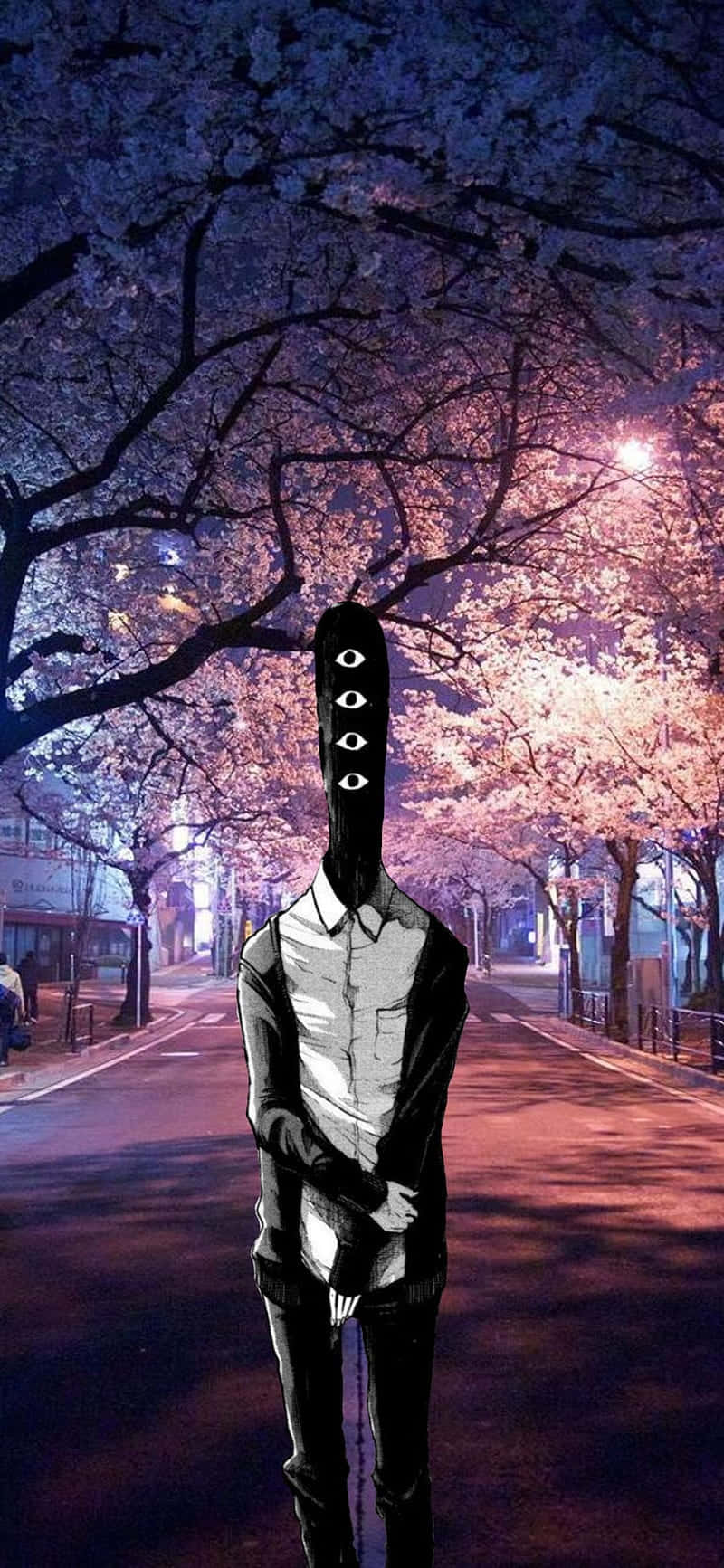 Goodnight Punpun, cherry blossom trees, neon-lit street, HD Phone Wallpaper