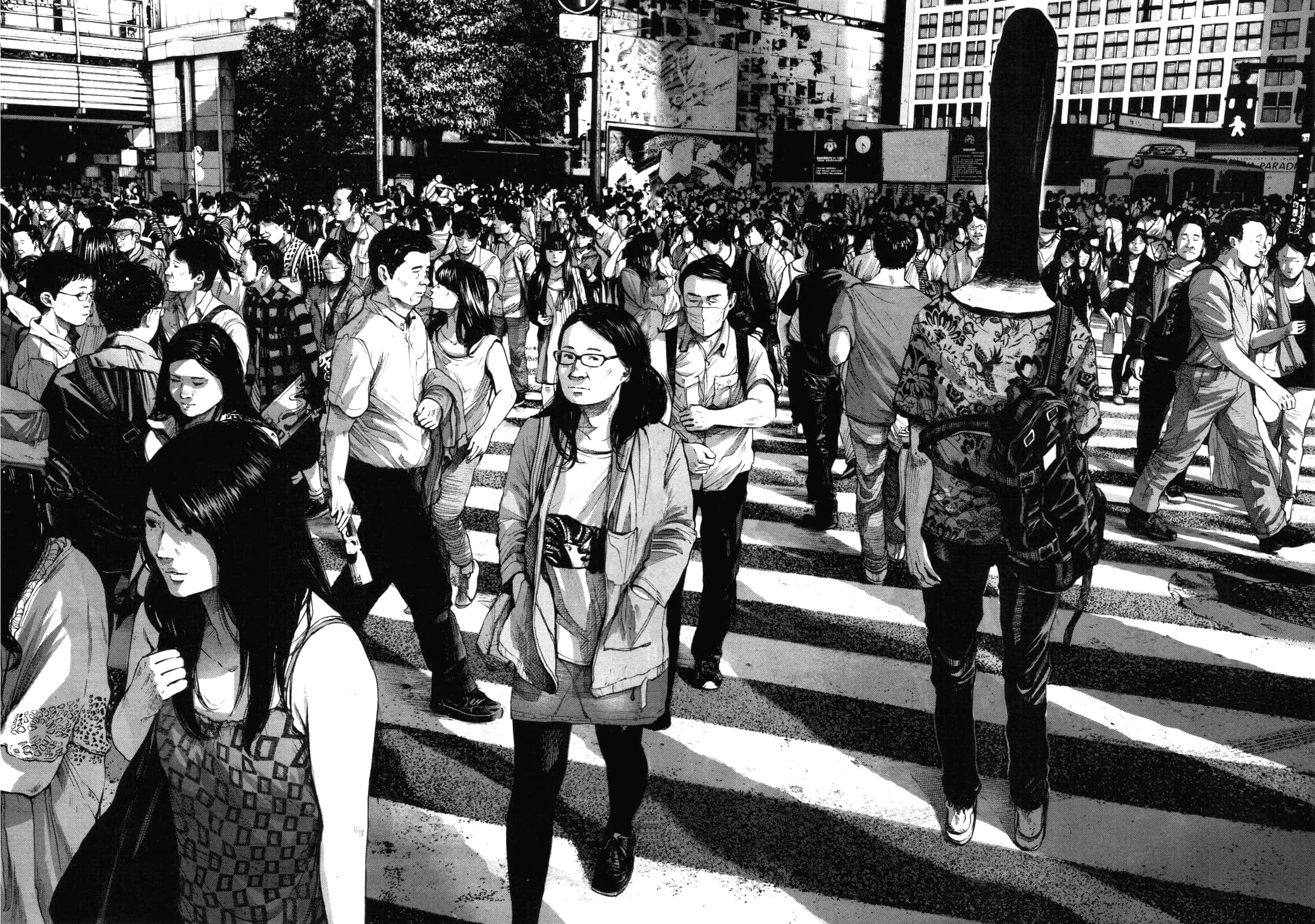 Goodnight Punpun, black and white street scene, zebra crossing, Full HD Desktop Wallpaper