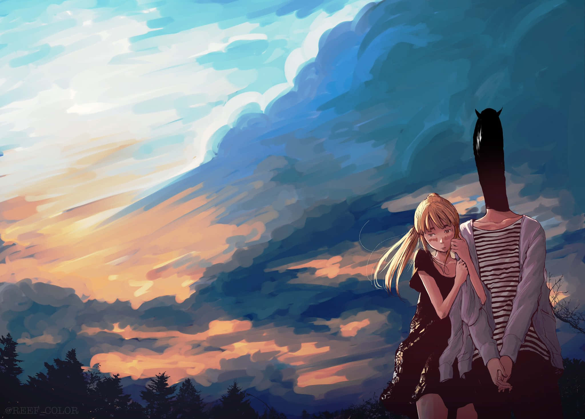 Goodnight Punpun, blonde girl, masked figure, Full HD Desktop Wallpaper