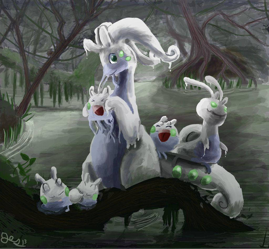 Goodra, ghostly white rabbit-like creatures, glowing green eyes, SD Desktop Wallpaper