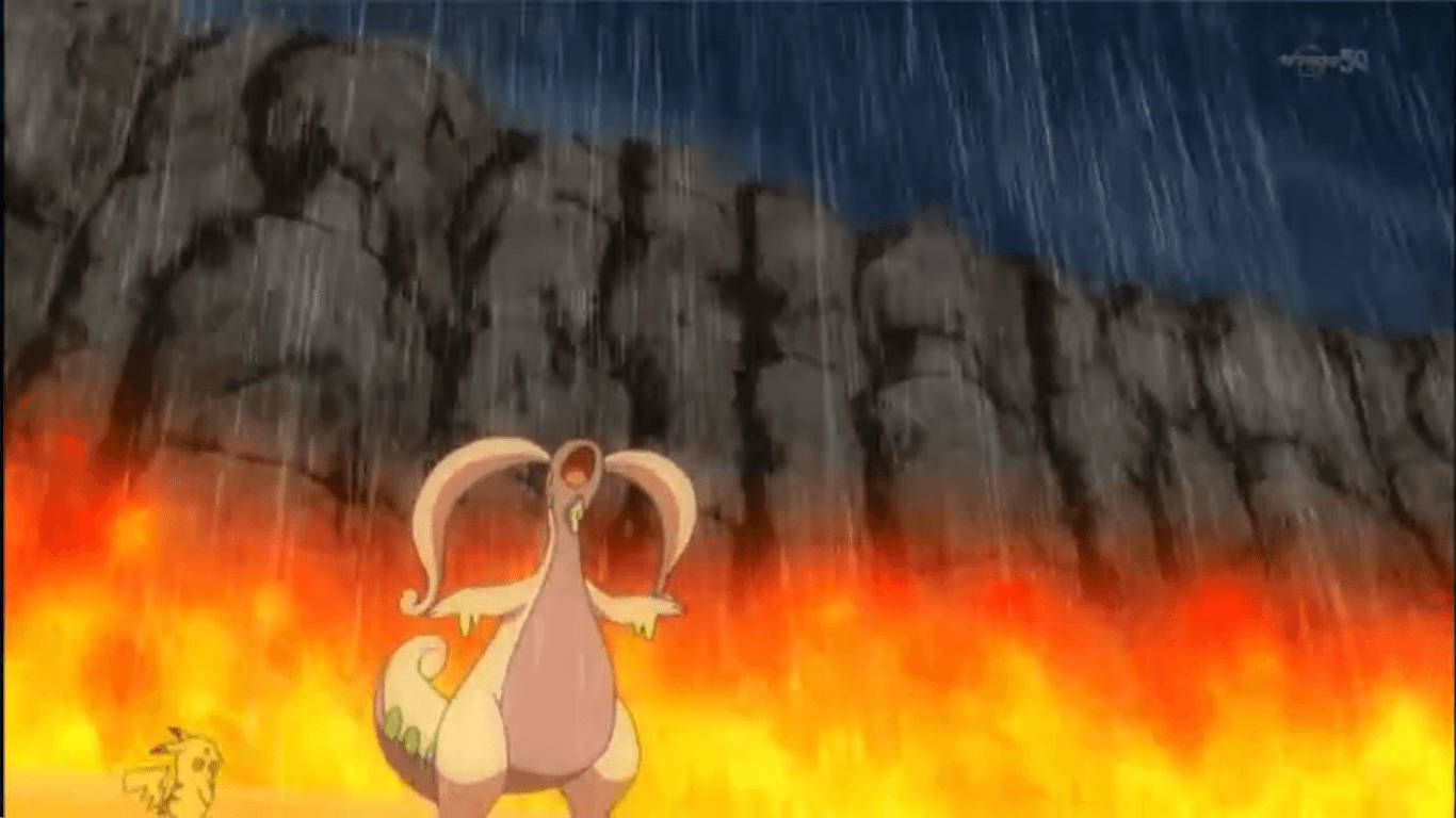 Goodra, fiery inferno, rain pours down, HD Desktop Wallpaper