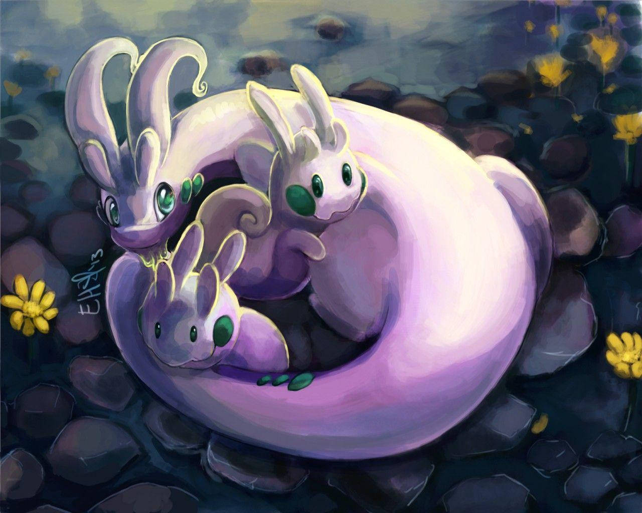 Goodra, purple, green eyes, HD Desktop Wallpaper