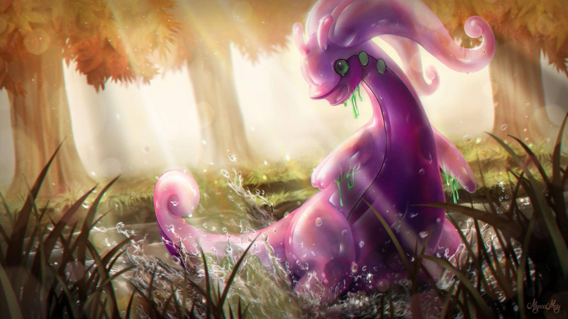 Goodra, translucent purple dragon, green slime drips, Full HD Desktop Wallpaper