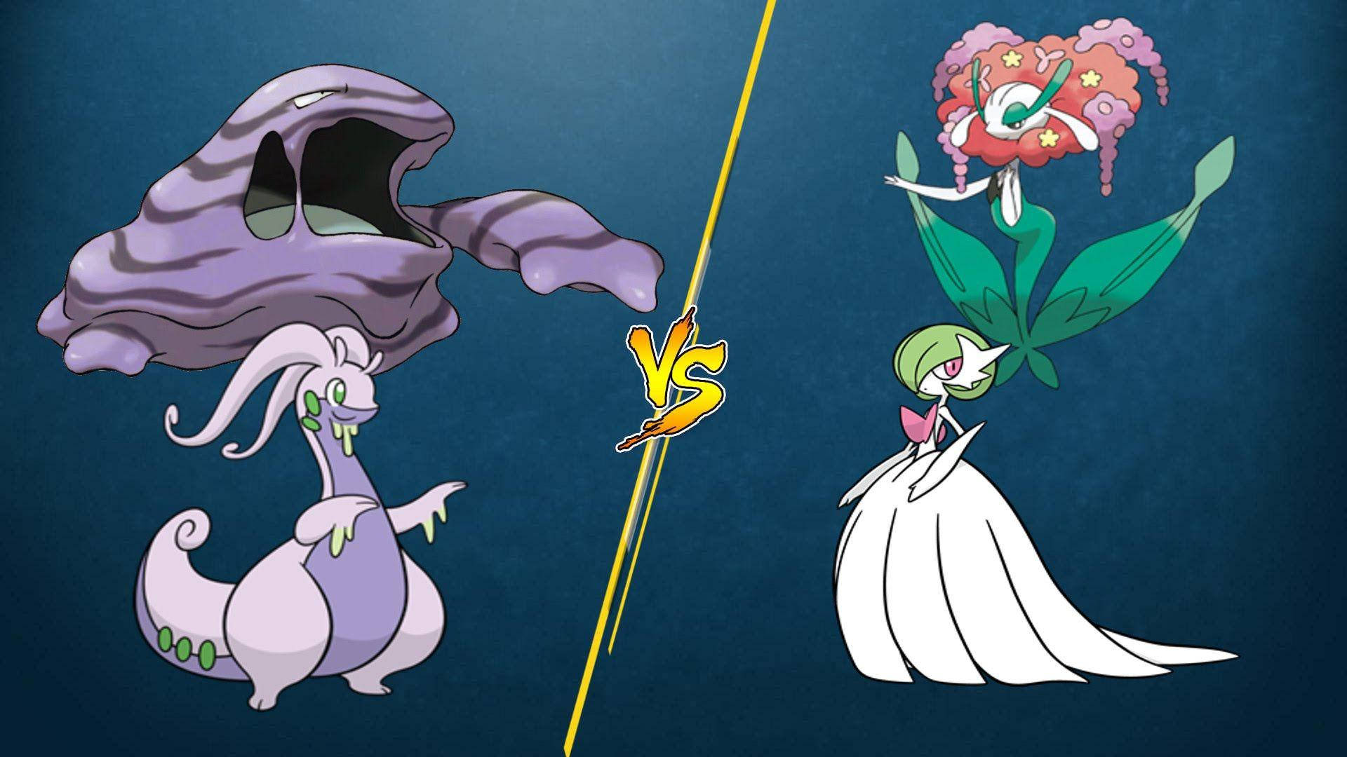 Goodra, purple ghostly Pokémon, white floral Pokémon, Full HD Desktop Wallpaper