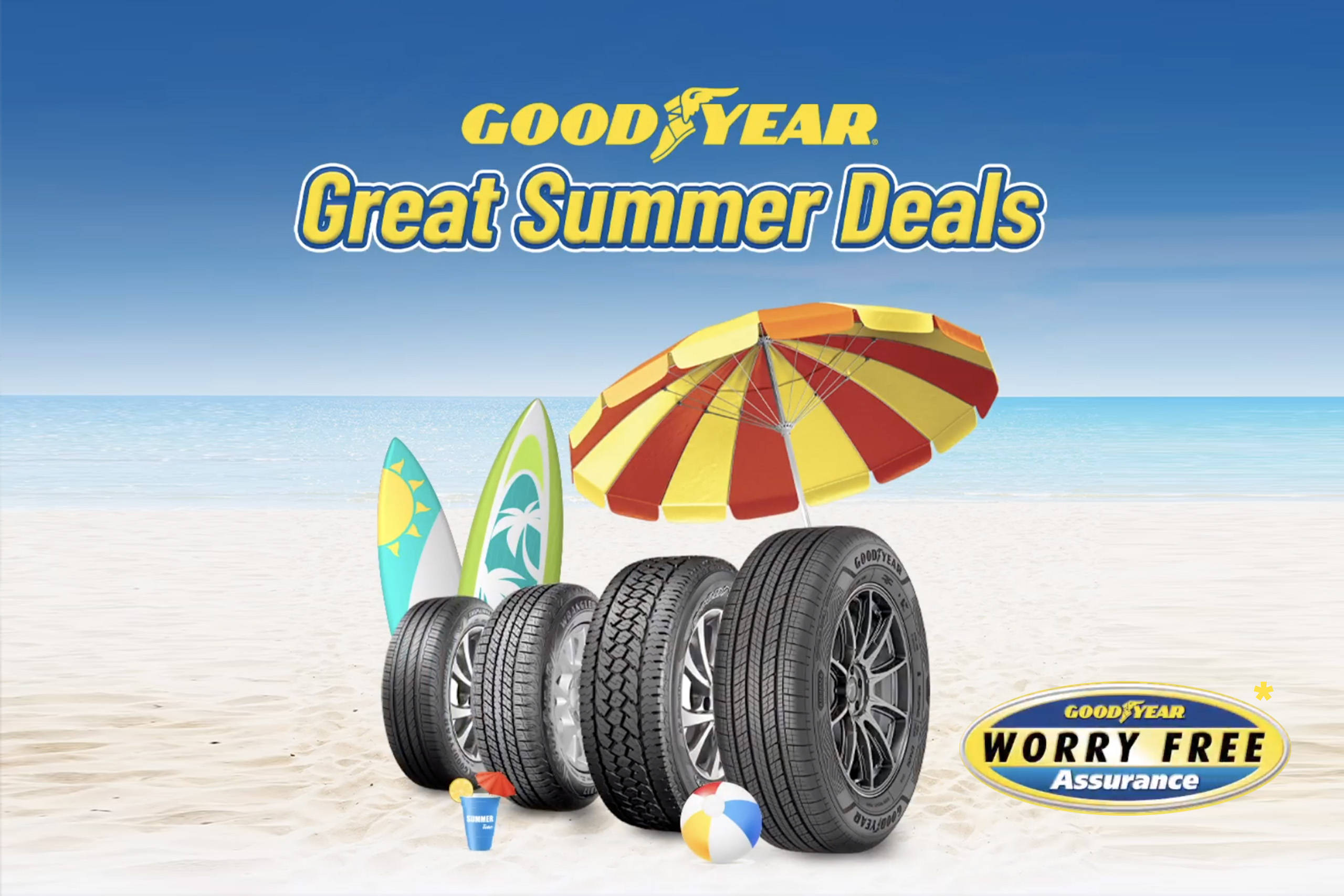 Goodyear, tire, sunny beach, 2K Desktop Wallpaper